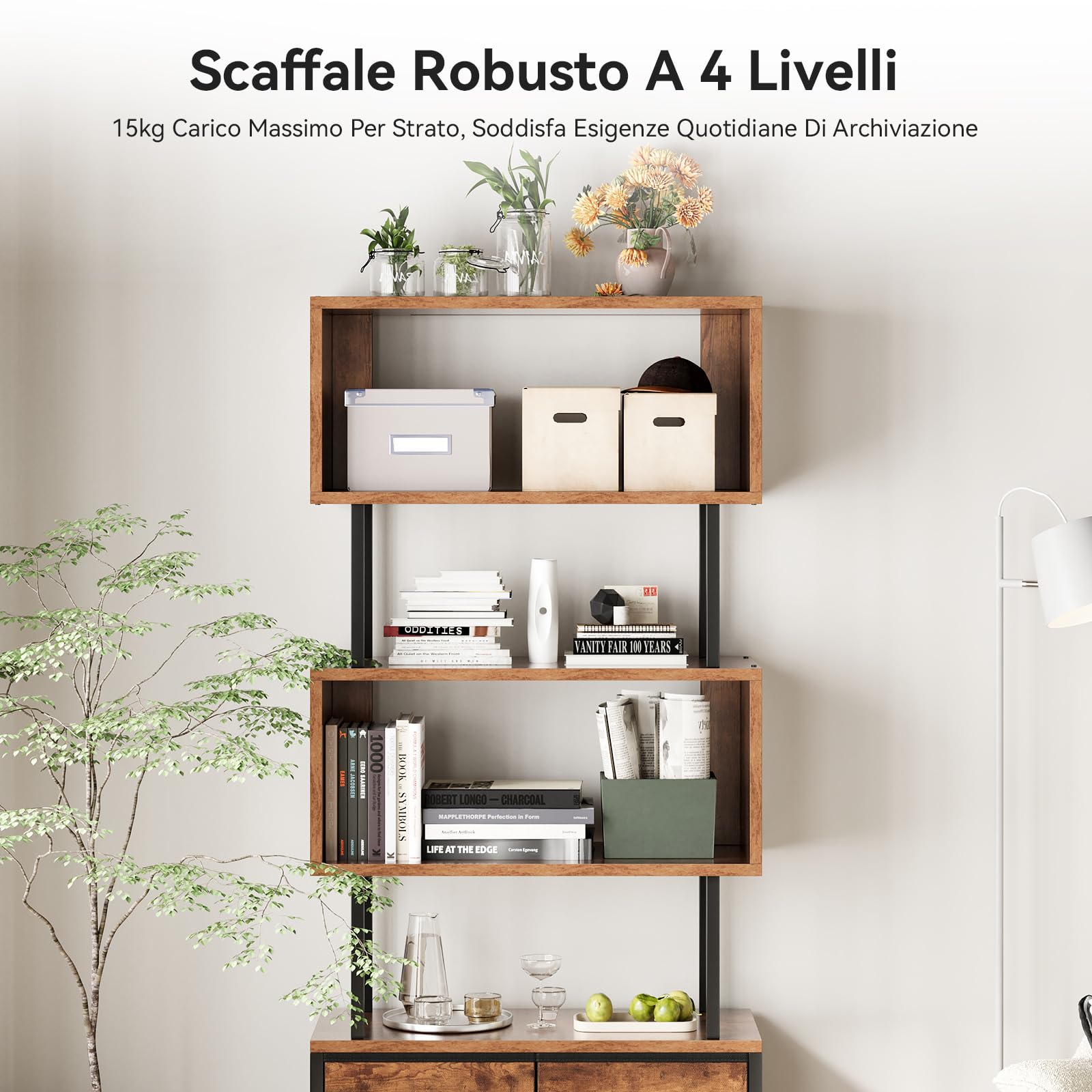 Coleshome Libreria Verticale, Libreria da Parete con 5 Ripiani, con 3 Cassetti in Tessuto, Scaffale Librerie Adatto per Camera da Letto, Ufficio, Soggiorno, 60 x 24 x 155 cm, Colore Retrò