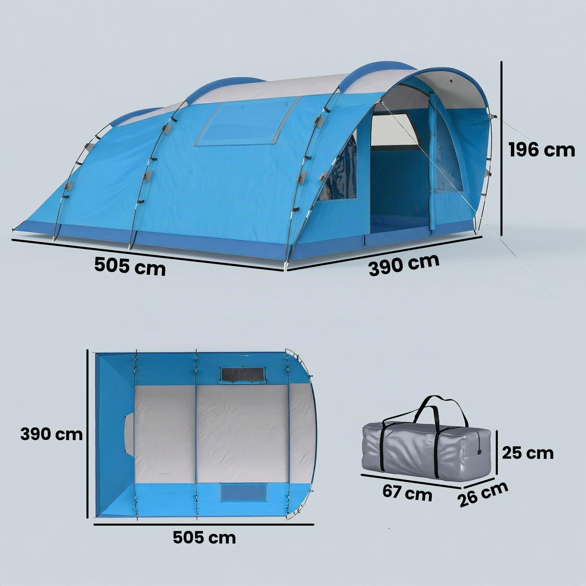 Outsunny Tente de Camping familiale pour 5 Personnes Pliable 3000mm Bleue | Tente tunnel de camping, 3 pièces, porte, 4 fenêtres, porche, sac imperméable, montage facile