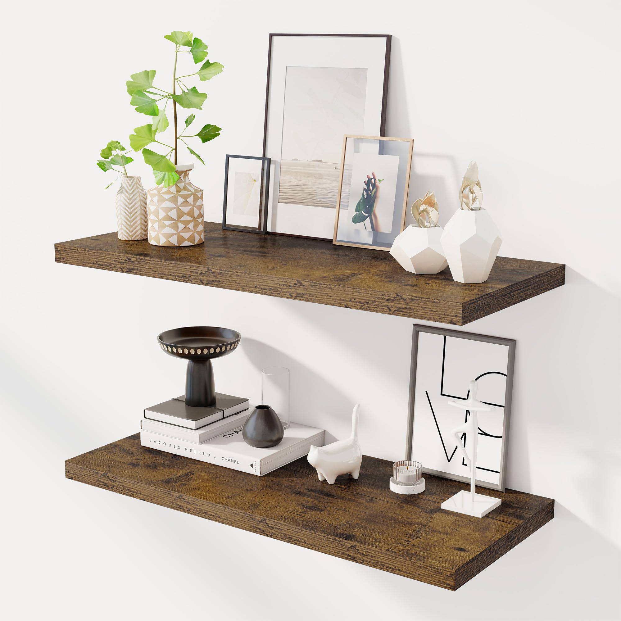 Dreamland 32" Floating Shelves for Wall, 12" Deep Slim Rustic Brown Floating Shelves, Wall-Mounted Shelves for Bedroom, Living Room, Kitchen, Bathroom - Set of 2