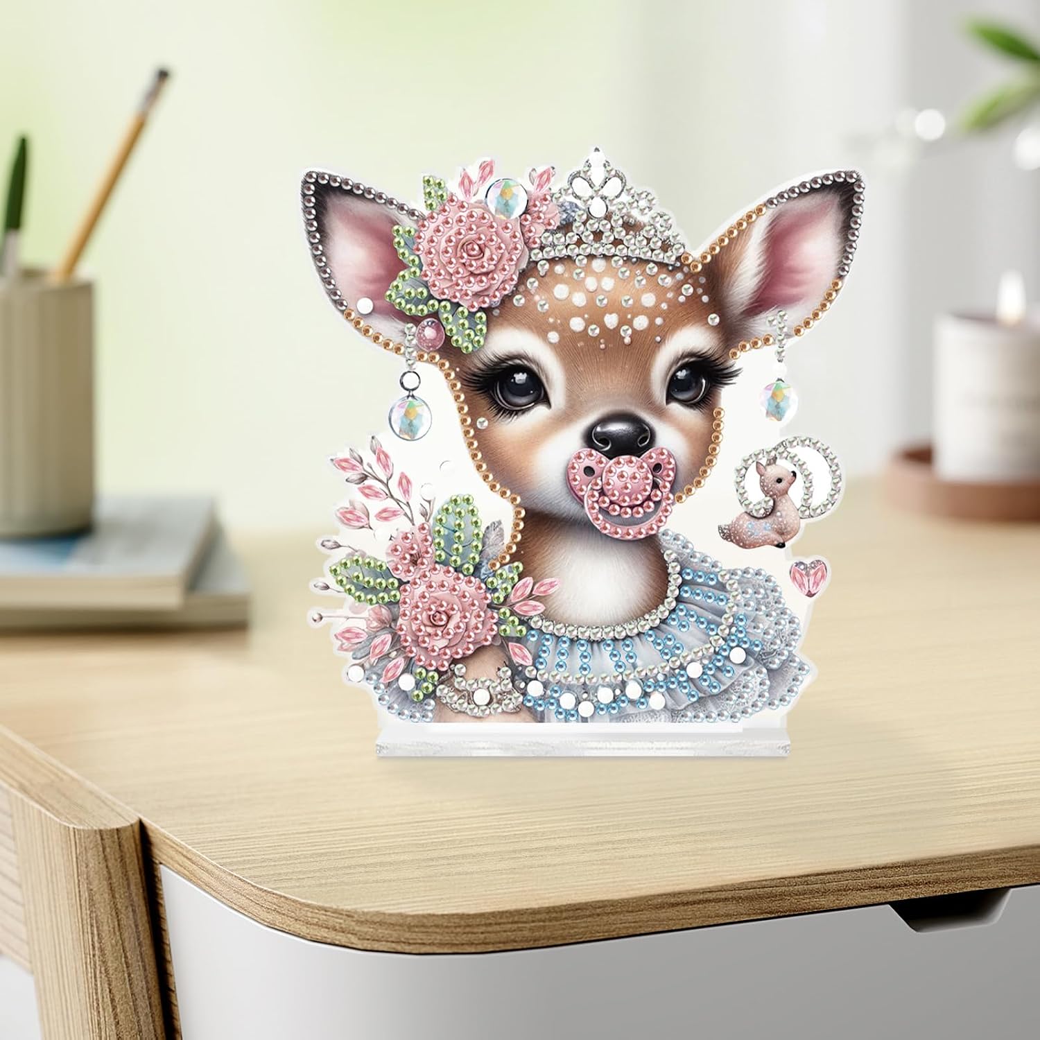 antor DIY Diamond Painting Desktop Ornament Kit, Acrylic Tabletop Diamond Art Decoration, Special Shape Diamond Painting Figurine Ornaments DIY Crafts Gift, Deer with Pink Rose Crown image 4