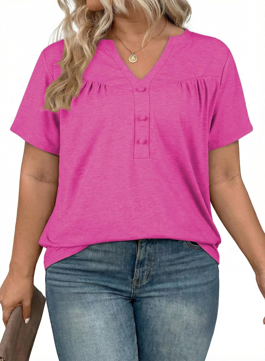 Eytino Plus Size T Shirts for Women Summer Short Sleeve V Neck Button Down Casual Basic Loose Tunic Tops(1X-5X)