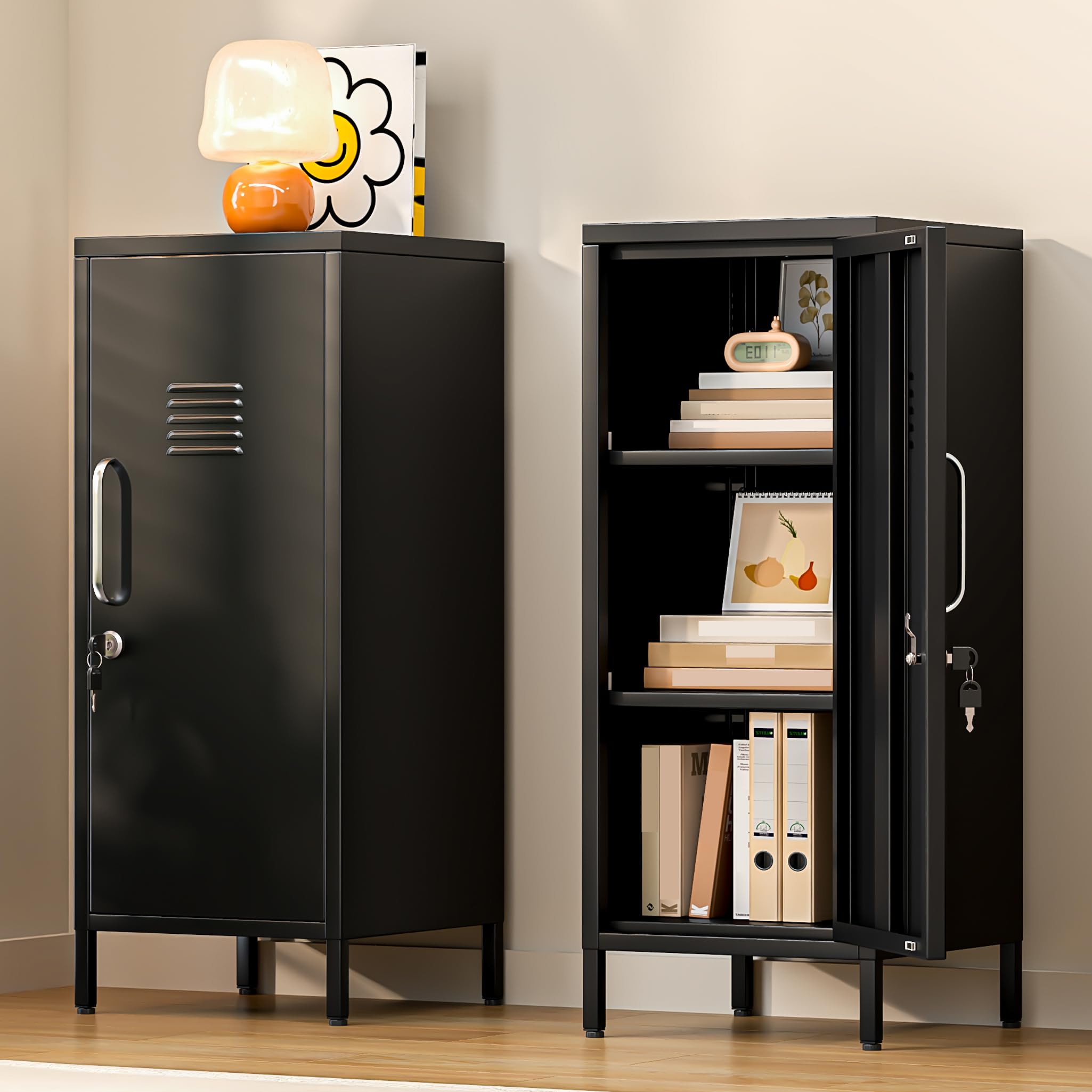Metal Storage Locker,35.4" H Home Office Storage Lockers for Employees with 1 Locking Door ＆ 2 Adjustable Shelves,File Storage Cabinets forGarage, School, Office, Gym (Black)