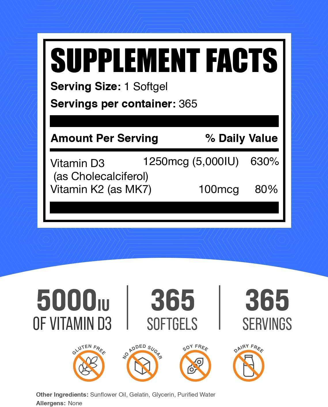 BulkSupplements.com Vitamin D3 + K2 5000 IU Softgels - D3 K2 Supplement, for Immune Health - Gluten Free, 1 Softgel per Serving, 365 Count (Pack of 1)