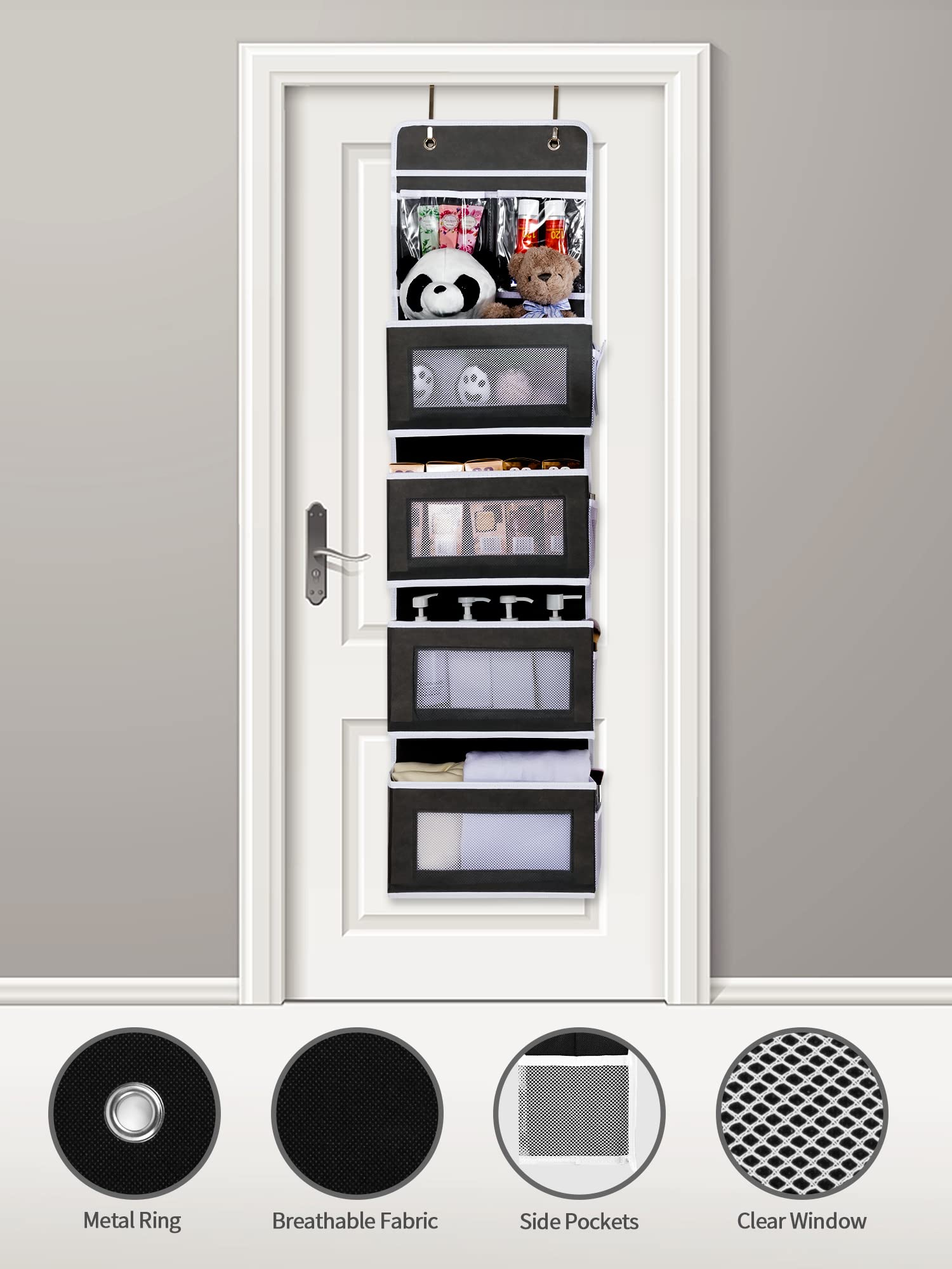 JARLINK 2 Pack 5-Shelf Over Door Hanging Organizer, Wall Mount Storage for Bedroom or Kitchen, Clear Window and PVC Pocket for Storage Cosmetics, Stationery, Sundries, etc (Black)