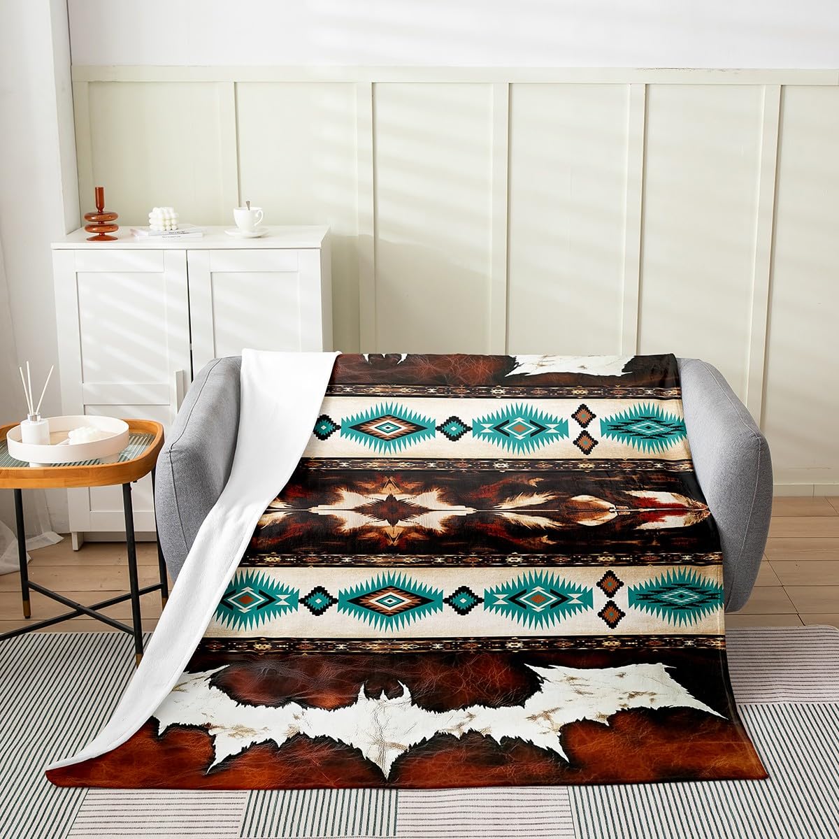 Coperta in flanella occidentale in peluche peloso di mucca retrò pelliccia coperta in pile Boho rustico rustico peluche leggero divano copriletto esotico geometrico matrimoniale 152 x 200 cm