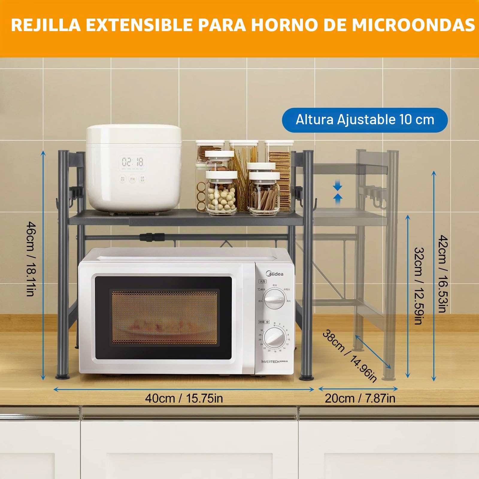 Estantería Extensible para microondas, estantería de Cocina, de pie, para microondas, de pie, Organizador de Cocina, con 6 Ganchos, Organizador para encimeras de Cocina (Gris, un-Nivel)