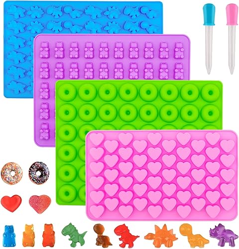 HKUCFTT Moldes de goma para caramelos, molde de oso de goma de silicona con 2 goteros, moldes de silicona antiadherentes que incluyen corazones,