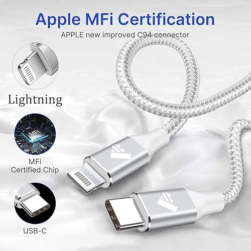 Miniatura 6 de Paquete de 2 cables cortos USB C a Lightning de 1 pie, cable cargador USB C para iPhone con certificación MFi, de nailon trenzado, de carga rápida