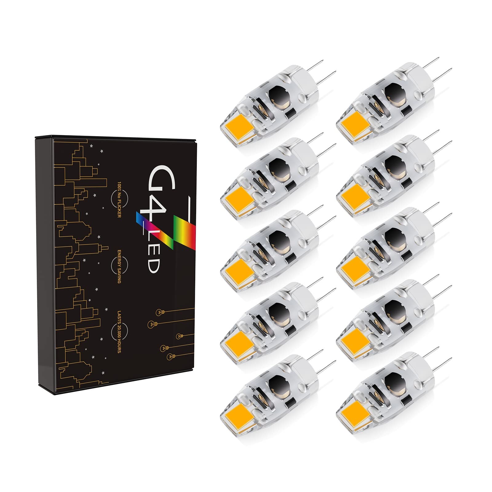 G4 LED Bulbs, Dimmable 2W G4 LED Bulbs, Warm White 3000K 180LM, Replaces 20W Halogen Bulbs, AC/DC 12-24V, Small Bulbs No Flickering, Pack of 10
