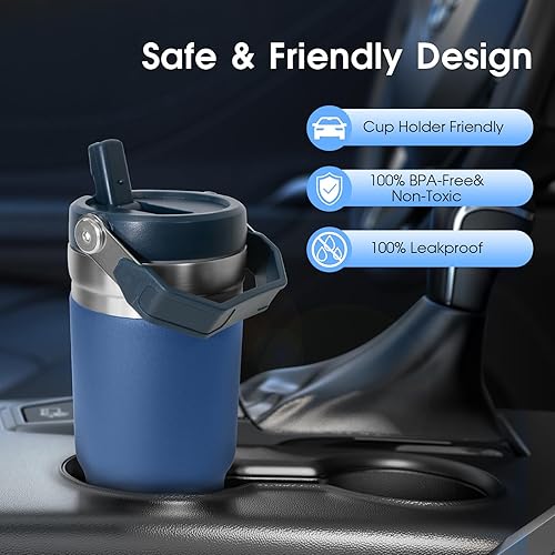 Miniatura 6 de Vaso de 30 onzas con asa y tapa con popote, vasos aislados, portátiles de acero inoxidable, botellas al vacío para agua, simplemente moderno, (crema)