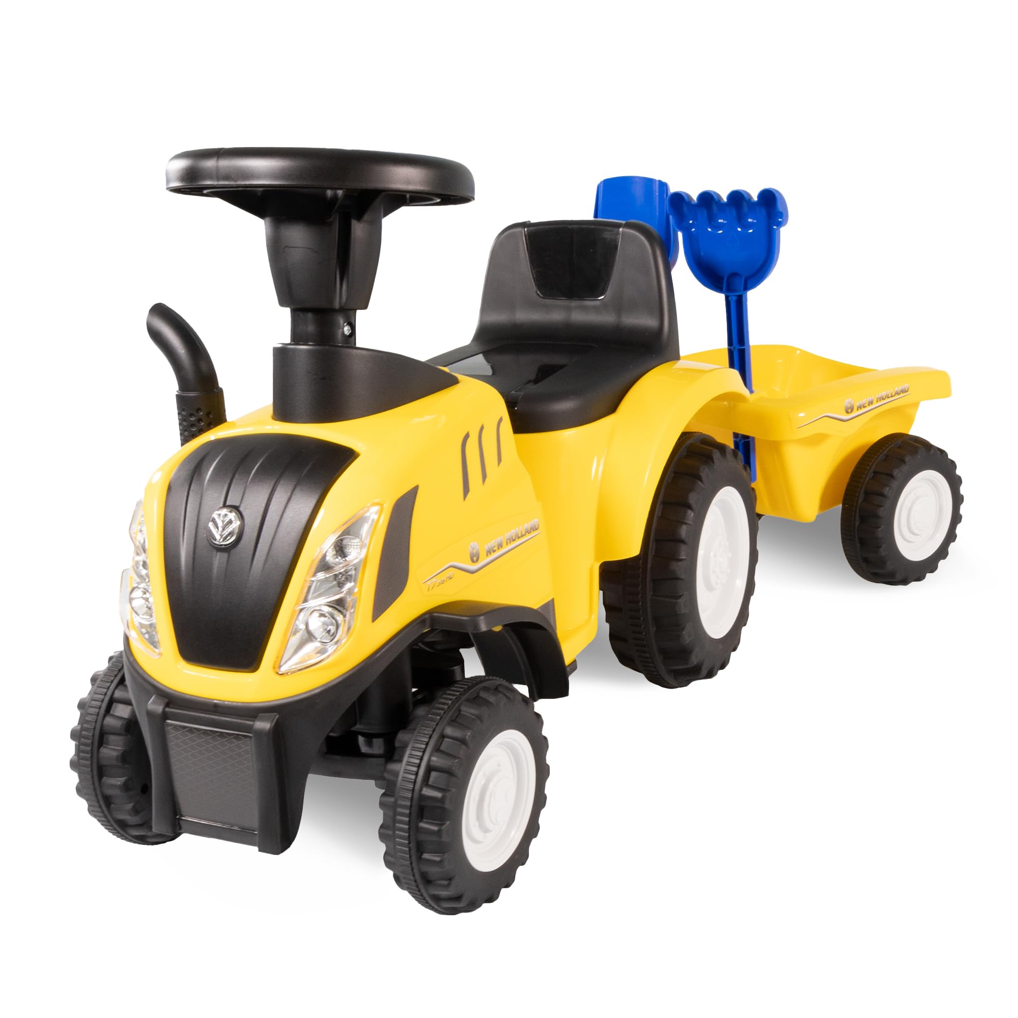 Lemodo Rutschauto Traktor New Holland ab 1 Jahr | Kinderauto mit Anhänger | Rutschfahrzeug mit Schaufel und Rechen | Kinderfahrzeug in gelb | Rutscher mit Sound, Licht | Lizenziertes Kinderspielzeug