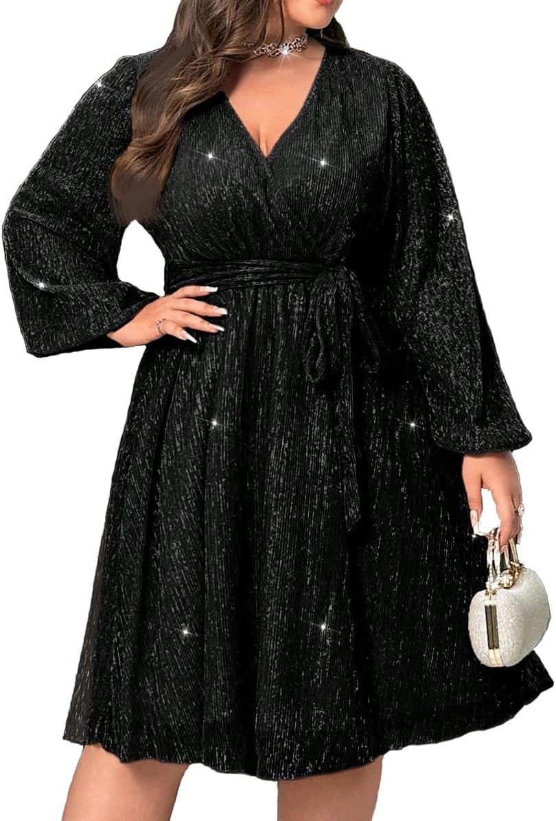 RED DOT BOUTIQUE 876 - Plus Size Elegant Sheer Sleeve Dress with Waist Sparkle Chiffon Mesh Cocktail Dress