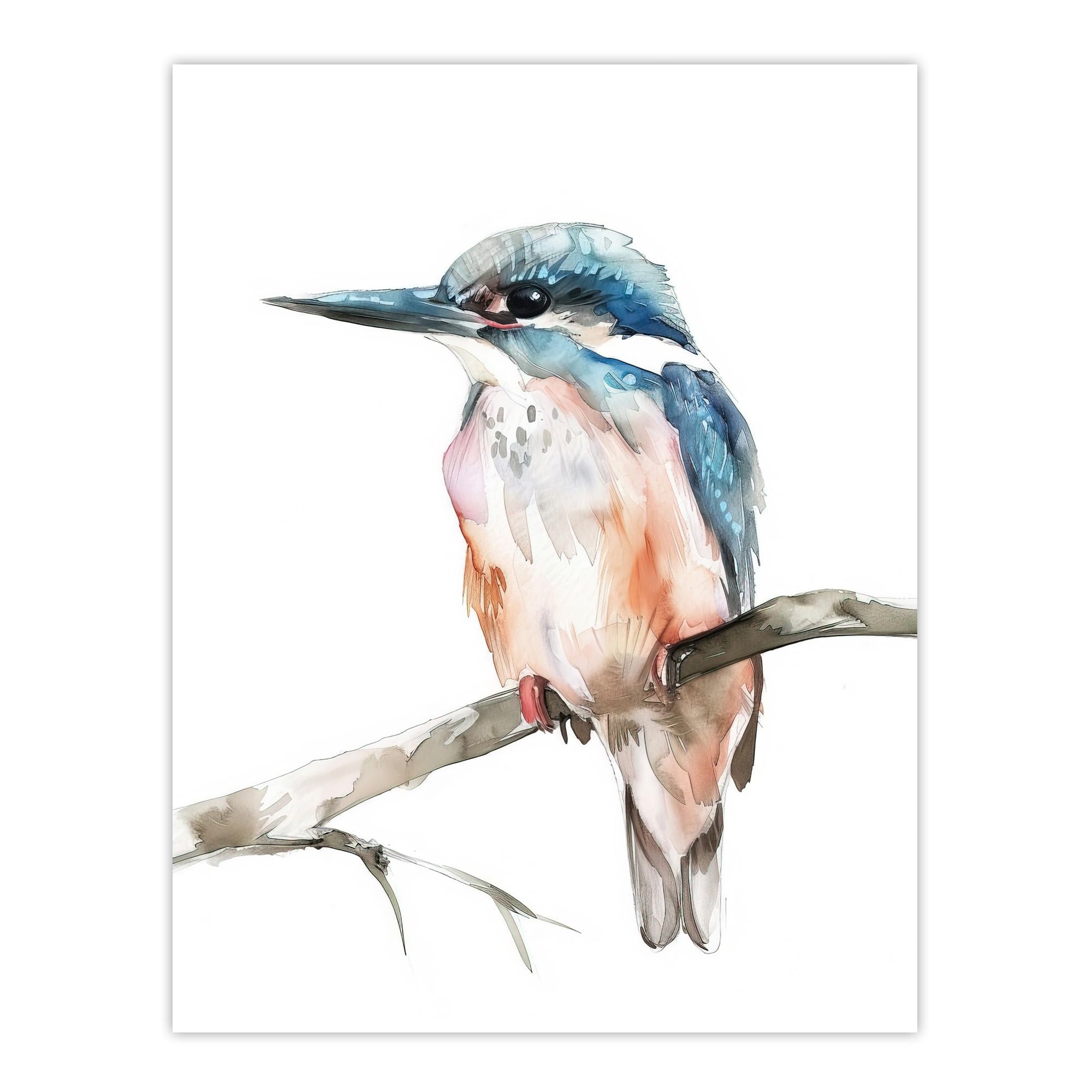 Artery8 Wall Art Print - Watercolour Kingfisher - W18" x H24" - White