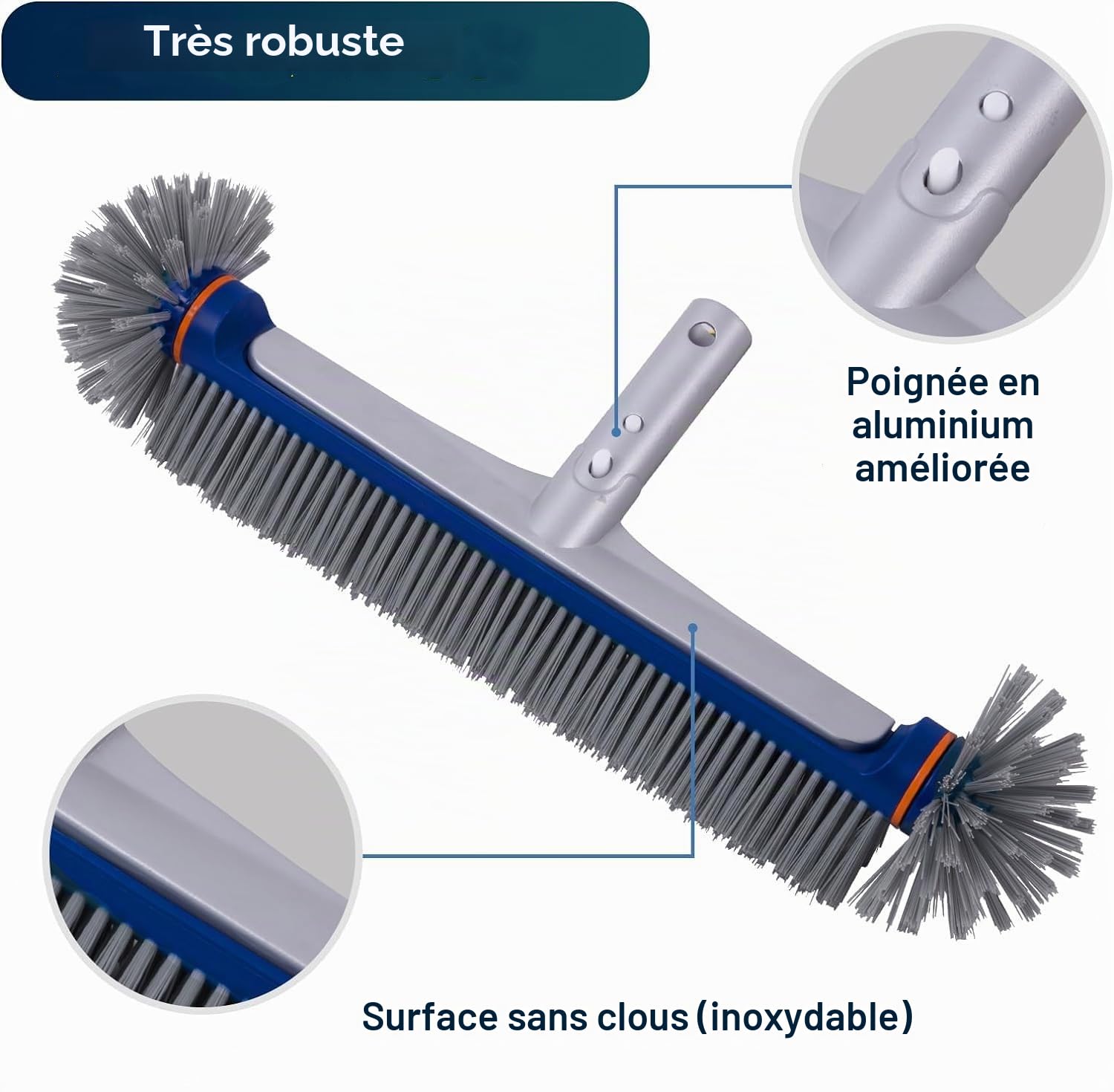 PooLiFE Brosse de piscine de 17,5" avec extrémités rondes pour mur et carrelage avec dos en aluminium renforcé, brosse de qualité supérieure avec poils solides