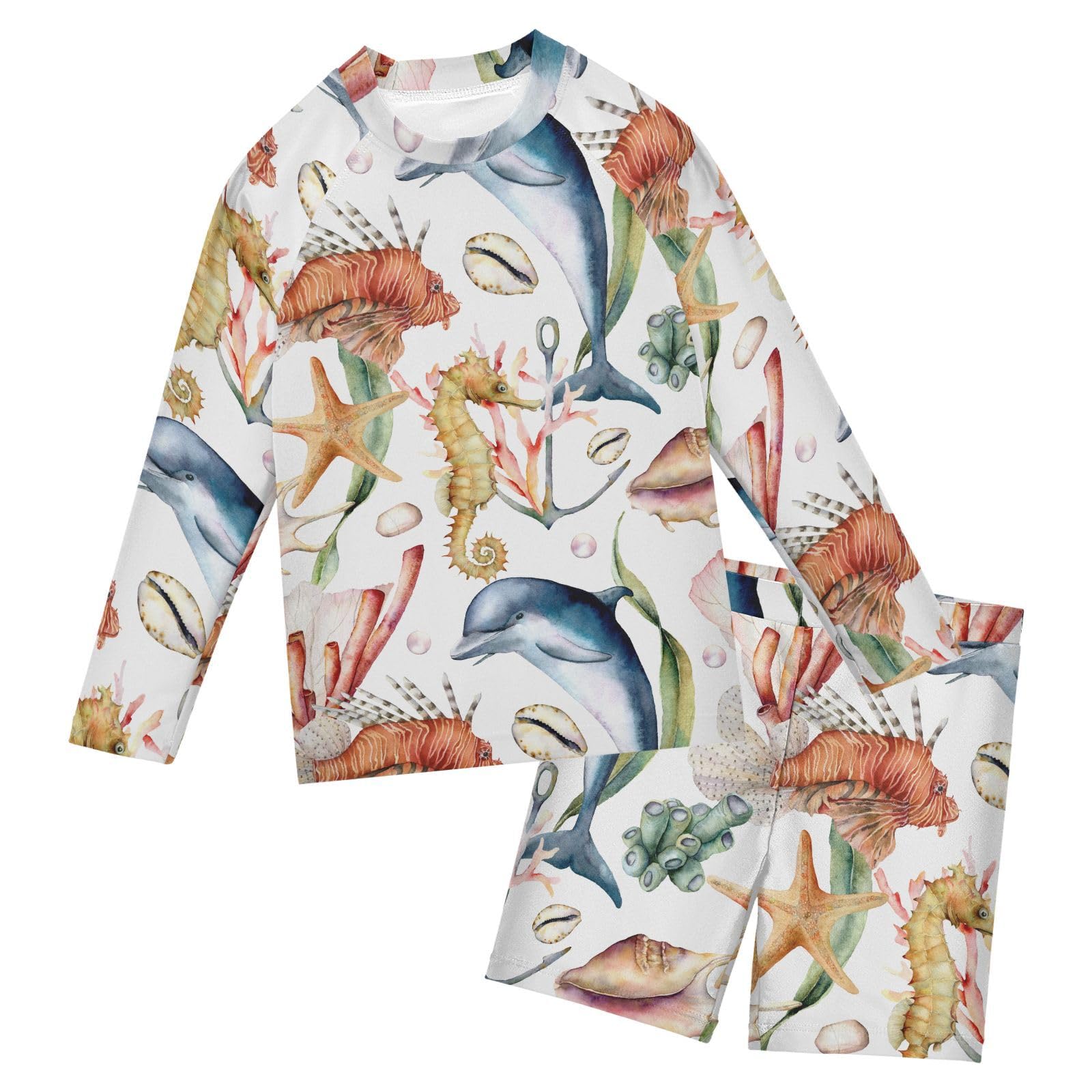 Aflyko Boys' Rash Guard Set Seahorse Dolphin Fish Starfish Watercolor SPF 50+ Sun Protection 2 Piece Swimsuit Multicoloured