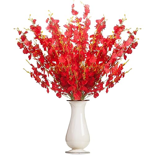 BUSSLANDY Faux Orchid Flowers Artificial Dancing Lady Orchids 10 Pcs Silk Fake Flower Real Touch for Wedding Home Party Decor Butterfly Flower Arrangement(Red)