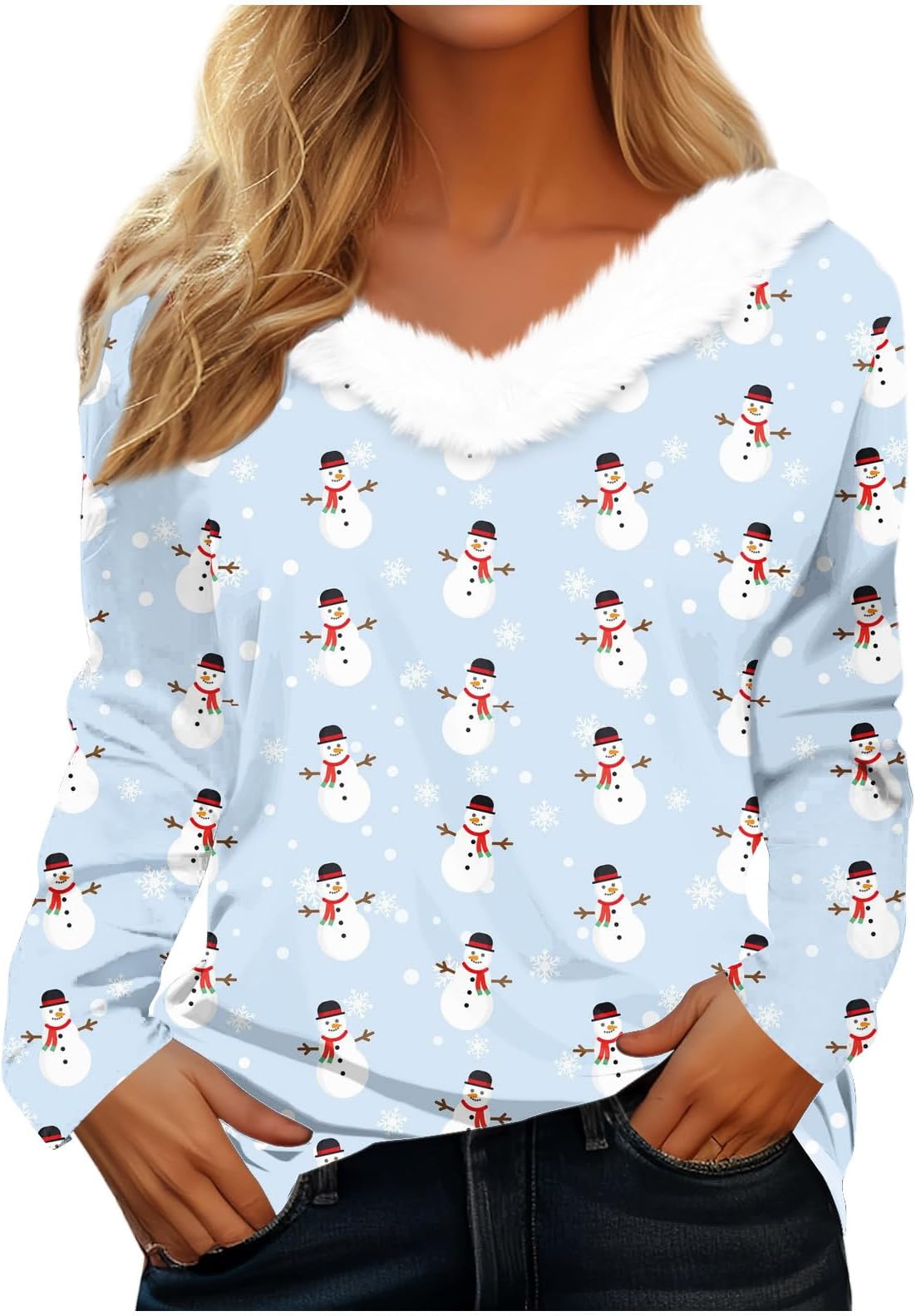 Christmas Shirts for Women Fashion Long Sleeve Christmas Printed Party Plush Neck V-Neck Going Out Tops Plus Size