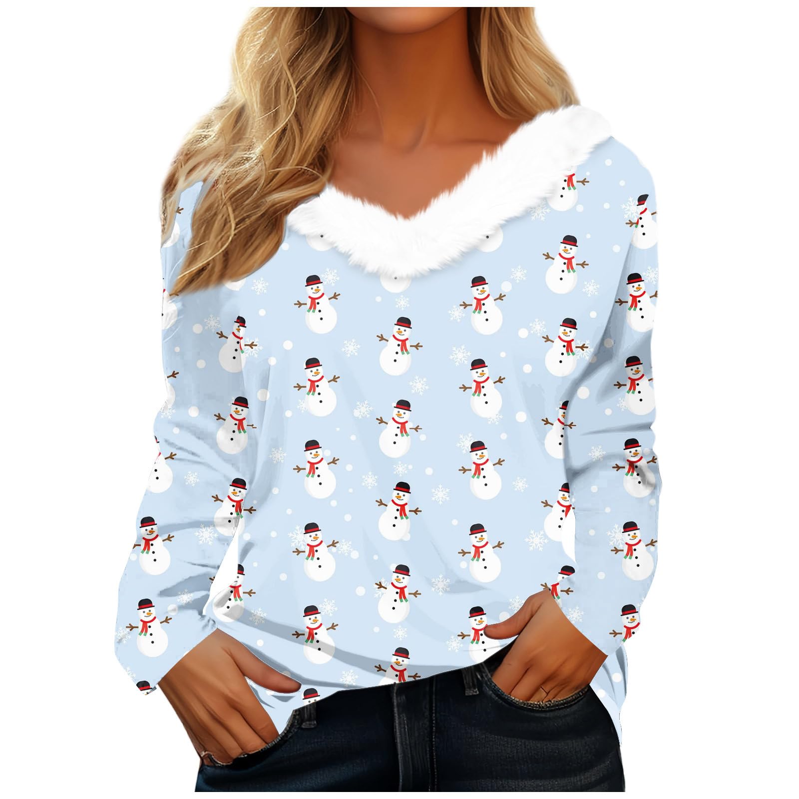 Christmas Shirts for Women Fashion Long Sleeve Christmas Printed Party Plush Neck V-Neck Going Out Tops Plus Size