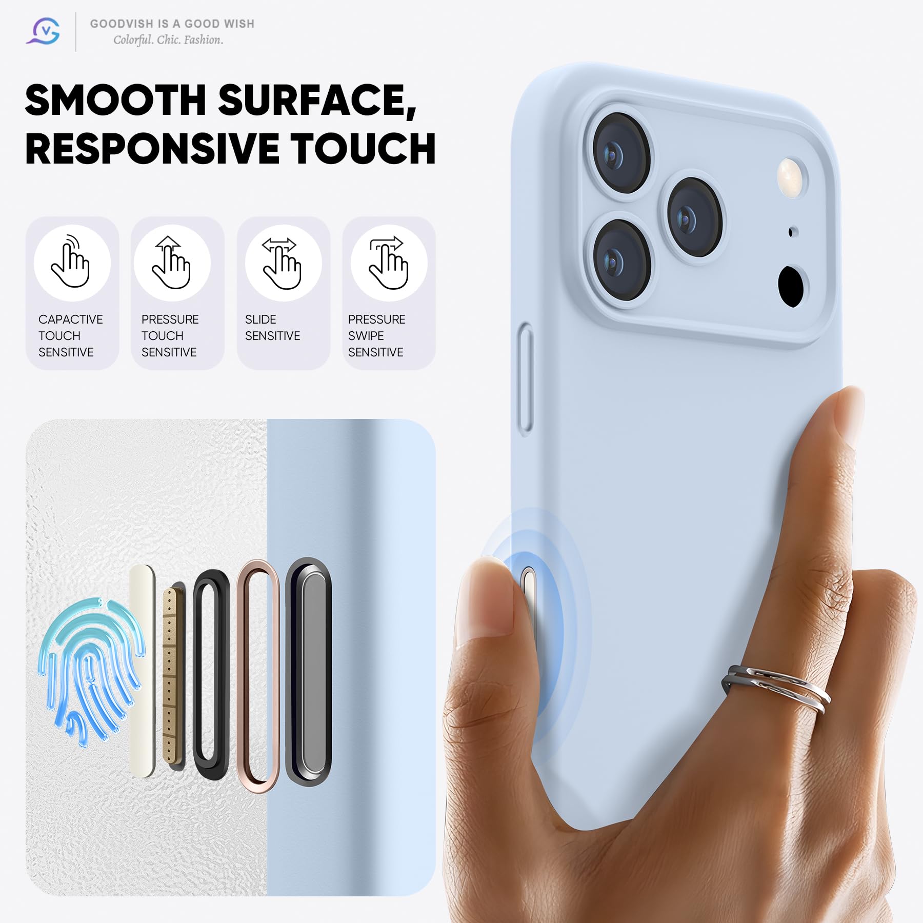 GOODVISH Silicone Cover per iPhone 17 Pro 6.3", Custodia con 2x Vetro Temperato [Pulsante Controllo Fotocamera] 360° Protezione Anticaduta Case per Cellulare Antiurto Resistente, Cielo Blu