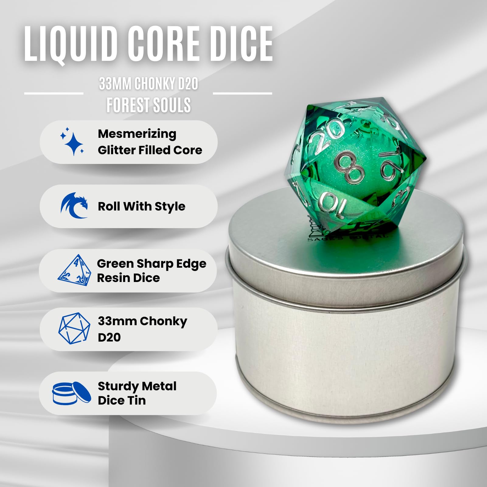 Sage's Portal Souls Liquid Core D20 33mm Chonky Sharp Edge Resin Die DND Dice for Dungeons and Dragons RPG Tabletop TTRPG (Forest Souls)