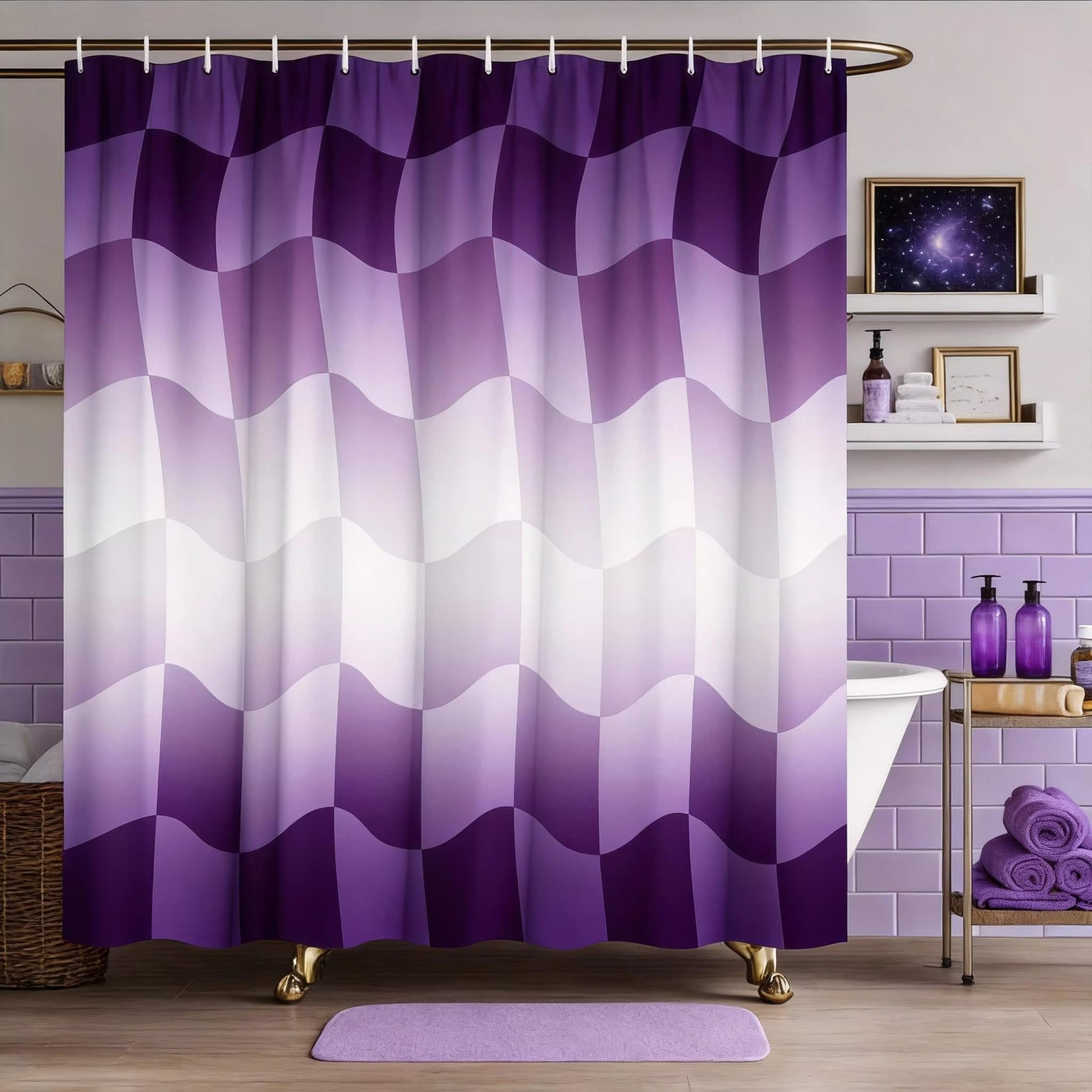KELAIMI Wavy Checkered Shower Curtain,Modern Farmhouse Aesthetic Bathroom Curtains,Simple Quick-Dry Bathtub Curtains with Hooks Purple 90X180Cm