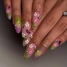 Cute 3D Press on Nails Medium Almond Fake Nails Flower Ladybug Bee Stick on Nails Glossy Gradient Glue on Nails Reusable Press on Acrylic Nails Medium Length Artificial Nails for Women 24Pcs