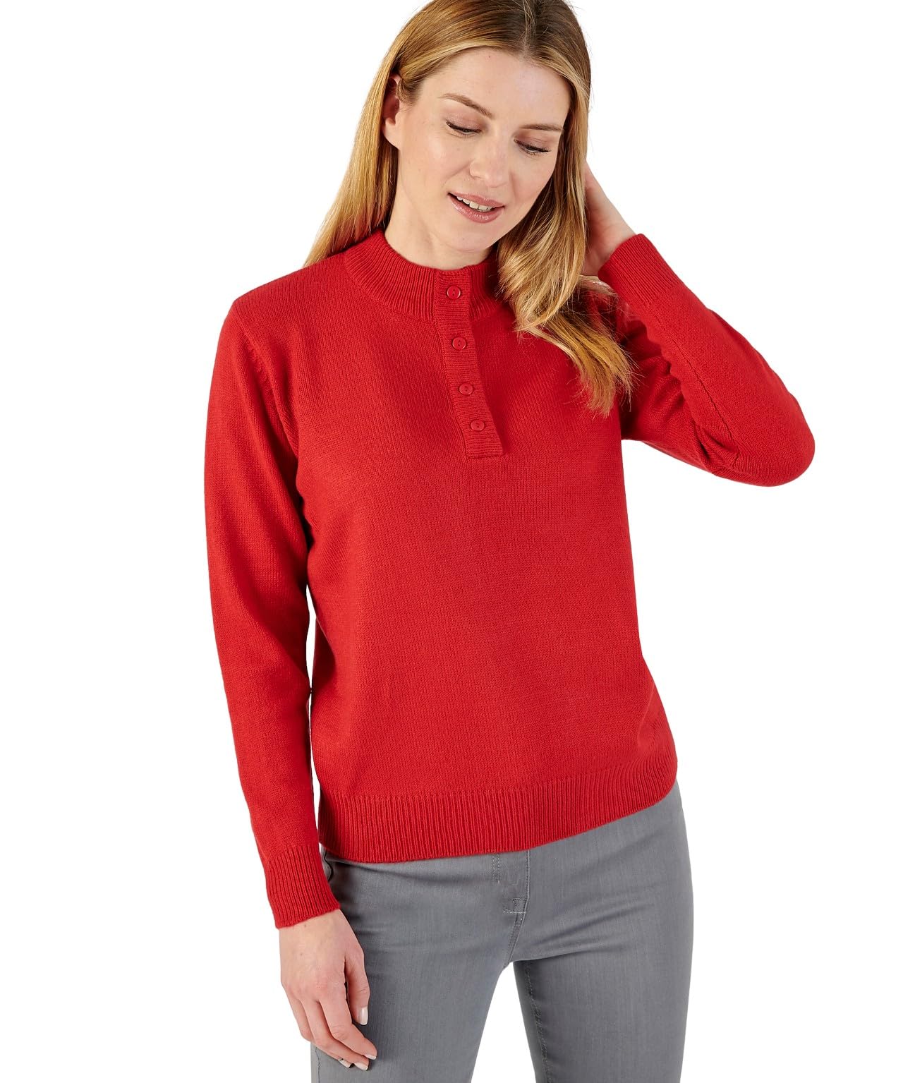 Damart Button-Neck Jumper Women Tunisian Collar Long Sleeves Red
