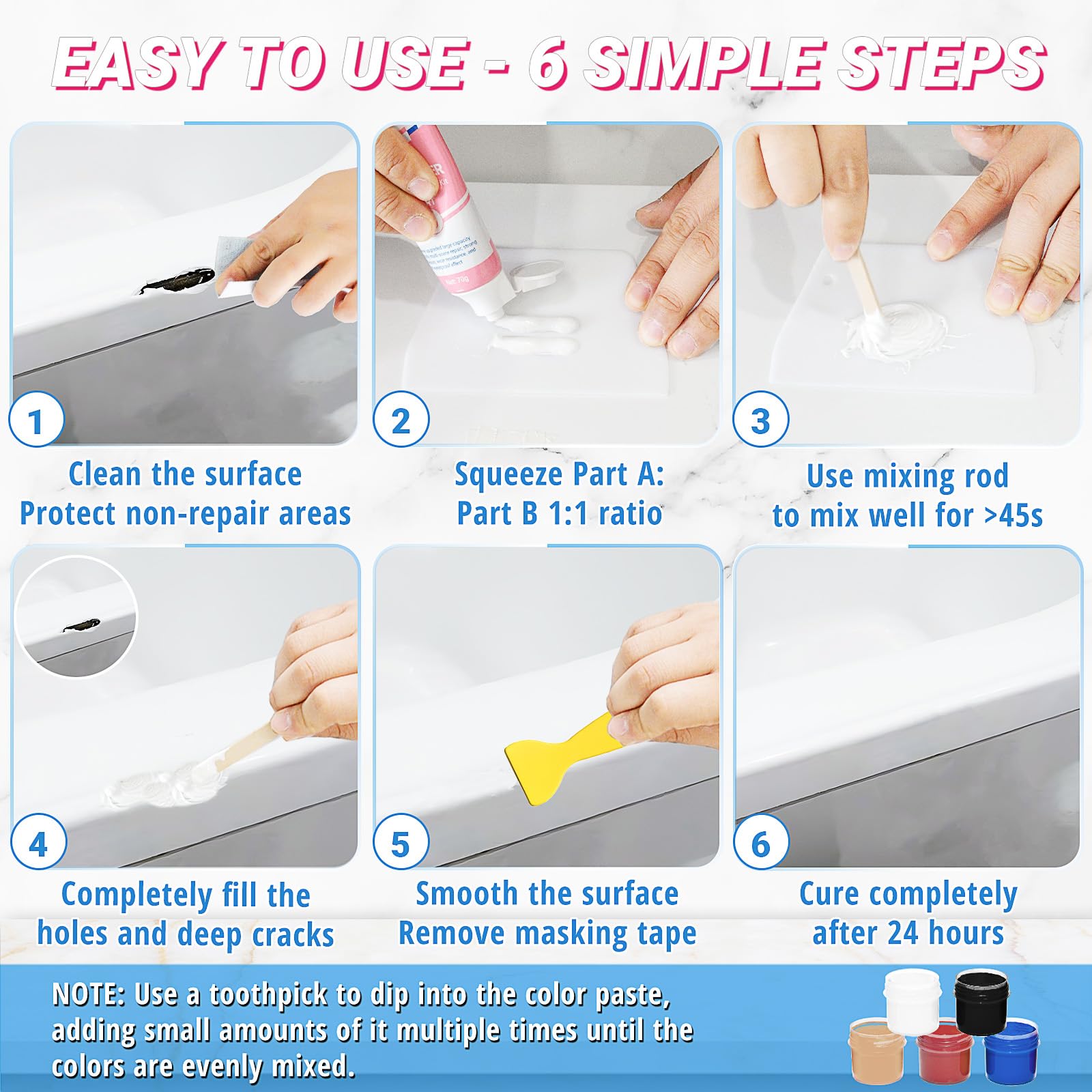 Bathtub Repair Kit 140g (Color Match), TUFINEIN Ceramic Repair Kit for Porcelain Fiberglass, Enamel, Ceramic - Image 4