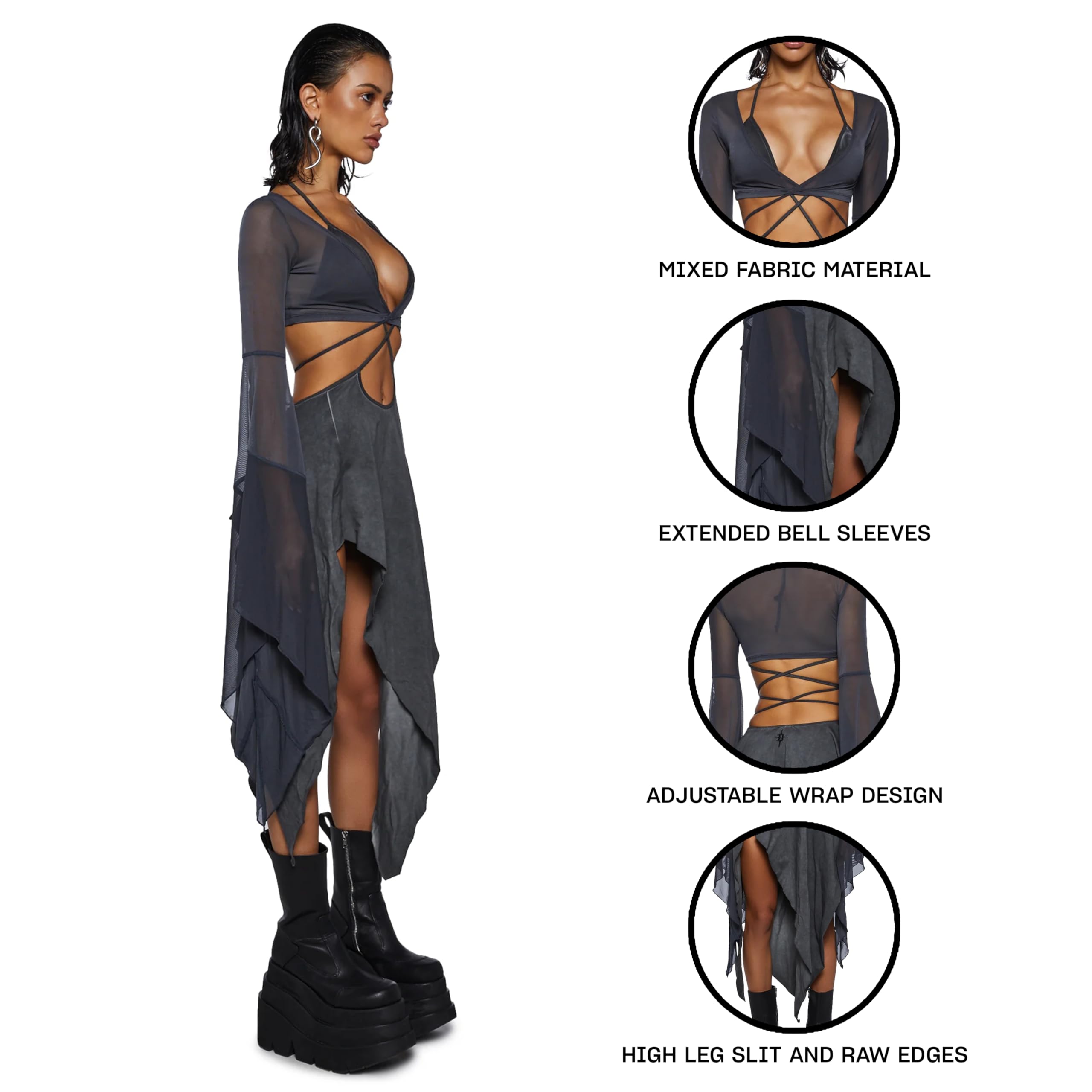 Dolls Kill Echo Asymmetrical Mesh Wrap Dress by Darker WAVS – Semi-Sheer Chiffon and Jersey Dress with Bell Sleeves