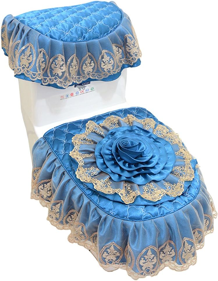 Soft Lace Falbala Toilet Seat Cover Three-Piece Thicken Flowers Toilet Tank Covers (Khaki)