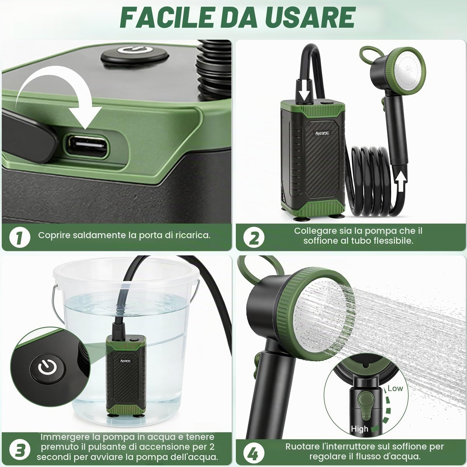 Doccia da Campeggio, 8000mAh Doccia Portatile Ricaricabile, Doccia Elettrica da Campeggio con Display di Temperatura e Potenza, Doccia da Esterno per Spiaggia, Lavaggio Auto, Giardino, Animali