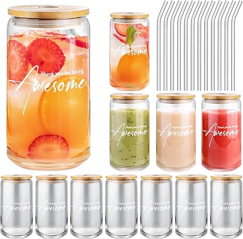 Nuanchu Paquete de 12 vasos de vidrio a granel con tapas y pajitas de bambú, regalos de agradecimiento para compañeros de trabajo, profesores,