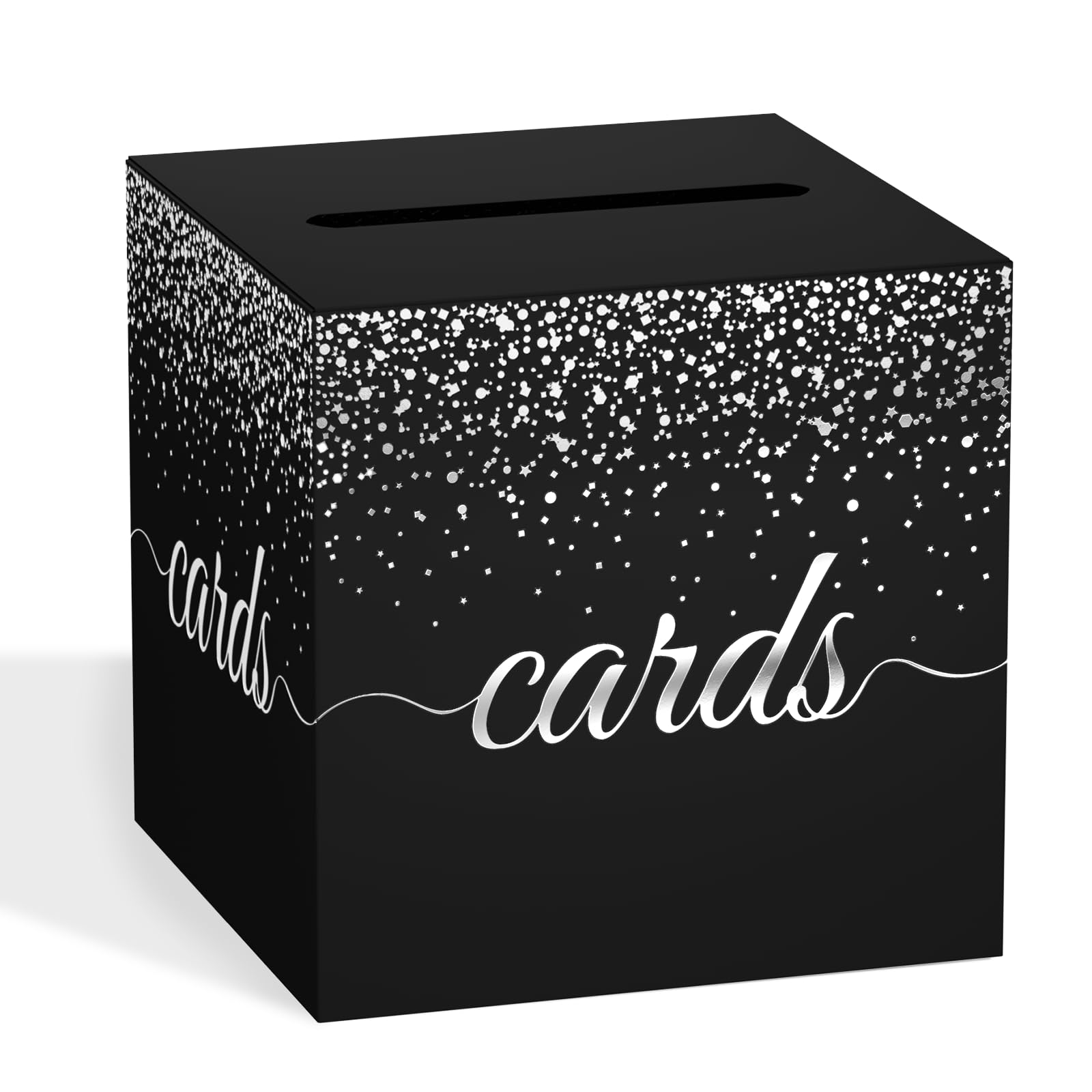 Black Card Box for Party, 8.7" Cards Star Silver Foil Design Gift Cards Receiving Box Holder for Wedding, Bridal Shower, Graduation, Birthday, Retirement, Baby Shower, Anniversaries Party Decorations
