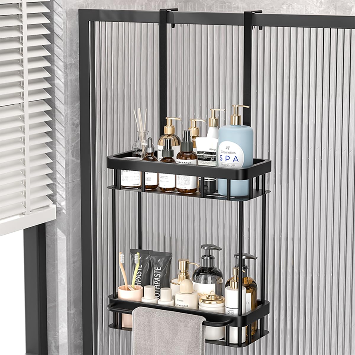 2-Tier Over Door Shower Caddy Black Stainless Steel Bathroom Organizer with Towel Bar 11 6x5 1x25 9 Inch