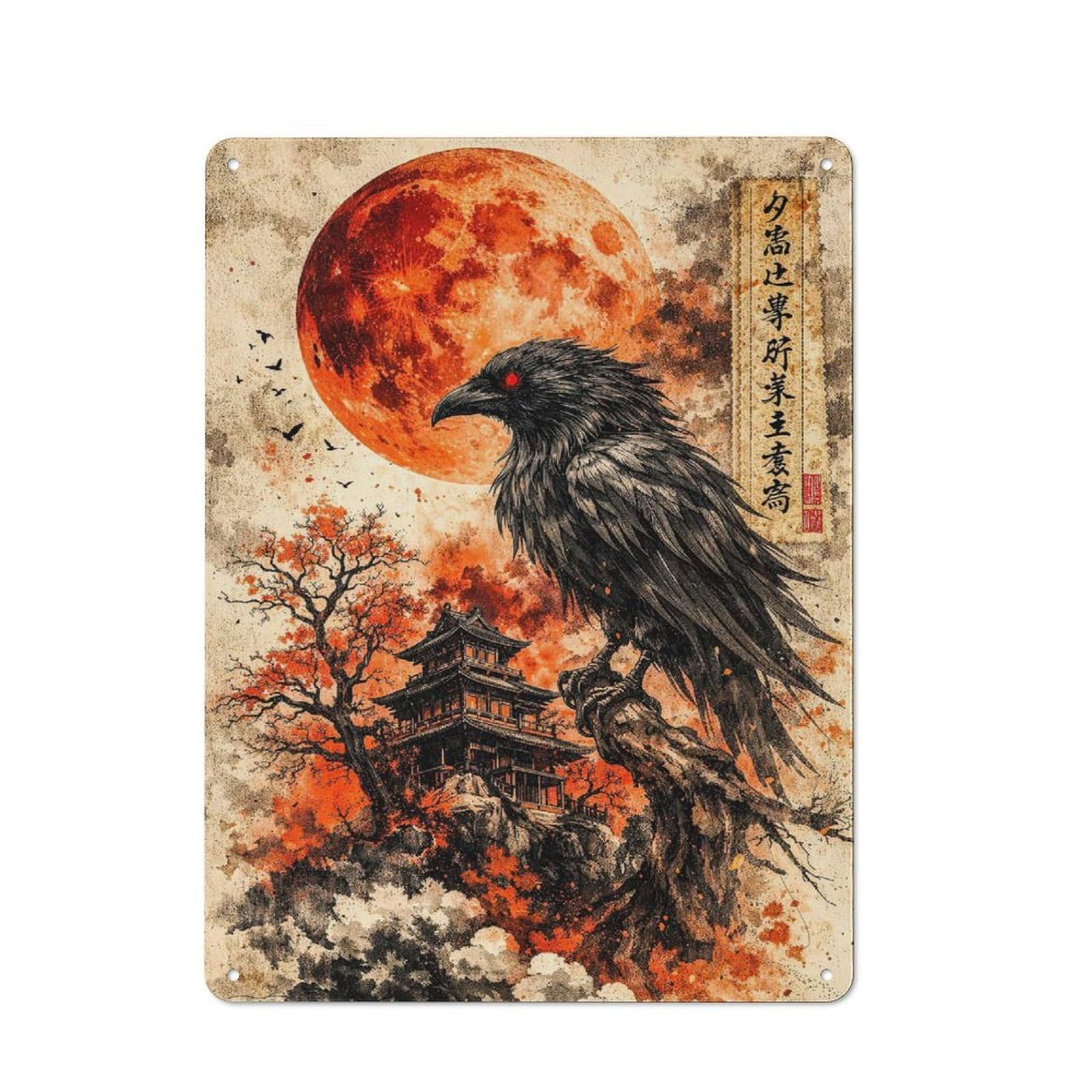 Junmoney Style-17 Dark Raven Over Japanese Castle Rustic Printed Metal Sign 40X30cm For Bar Or Restaurant, For Bar Decor Enthusiasts