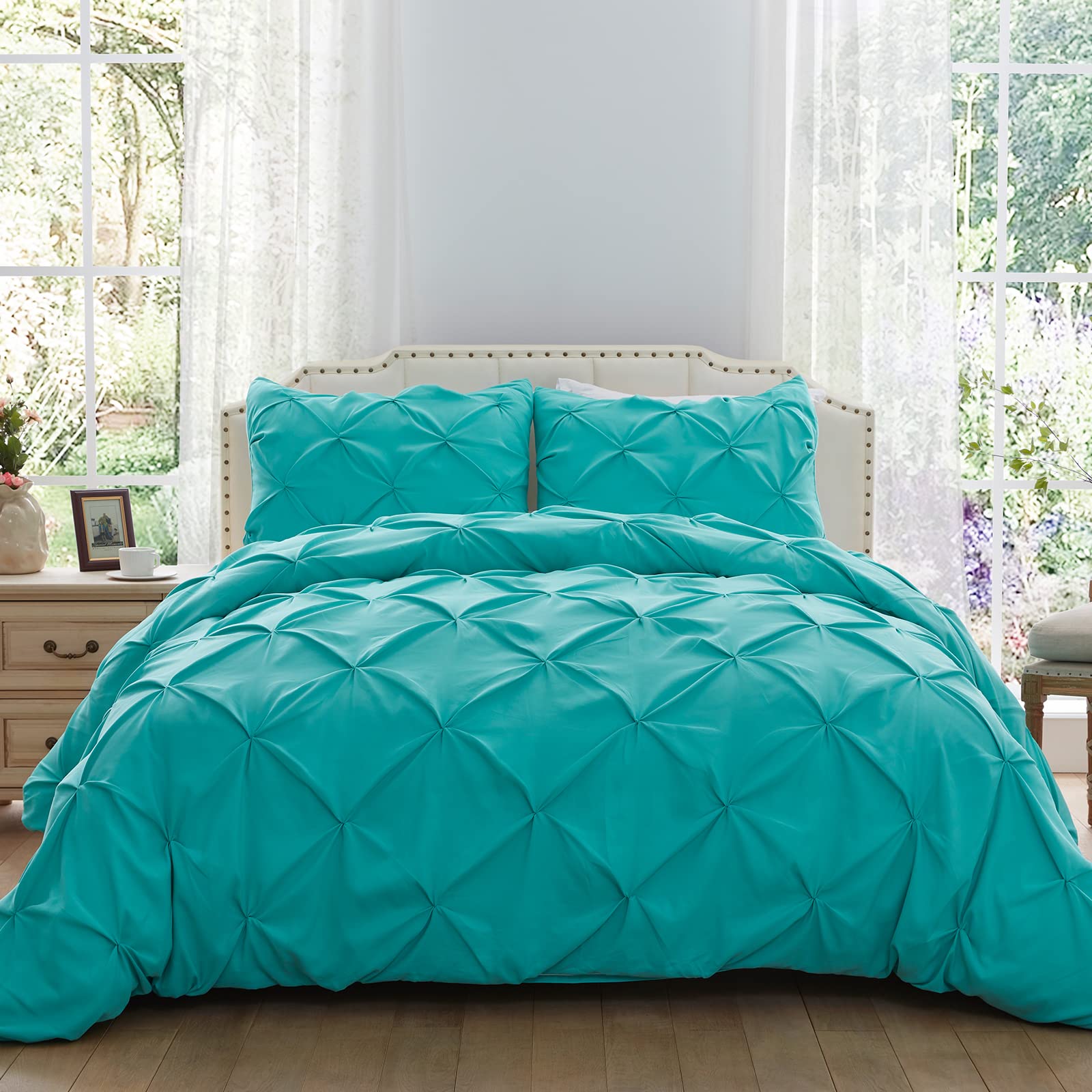 SunStyle Home Pinch Pleated Duvet Cover Turquoise 3 Pieces Duvet Covers Queen Size Soft Microfiber Luxury Duvet Cover with Zipper Closure & Corner Ties for All Season(1 Duvet Cover, 2 Pillow Shams)