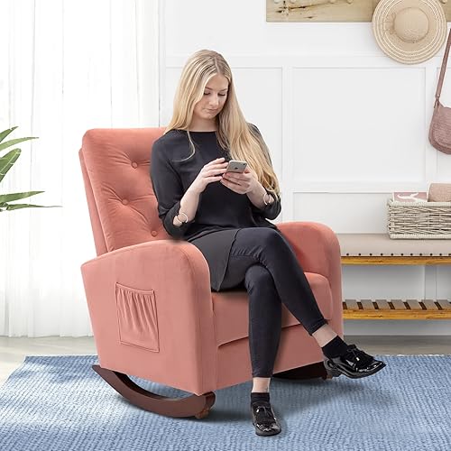 Miniatura 2 de cinkehome Mecedora de mediados de siglo moderna tapizada con respaldo alto silla reclinable para bebés y niños cómoda silla con bolsillo lateral