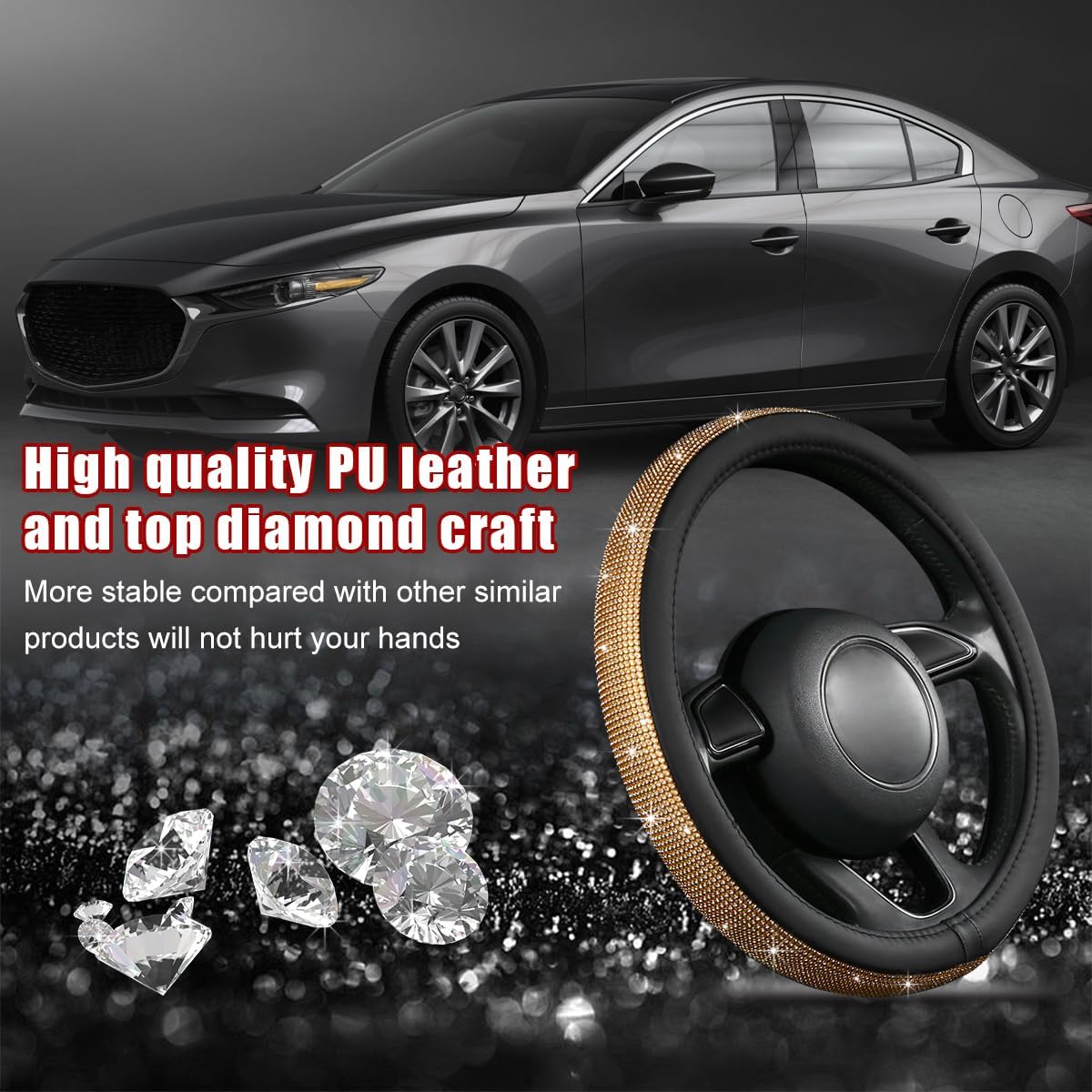 Bling Car Steering Wheel Cover, Sparkling Crystal Rhinestone Auto Wheel Protector, Anti Slip Cover Fit 15 Inch Steering Wheel for Women Girls, Universal Car Accessories (Golden) - Image 4