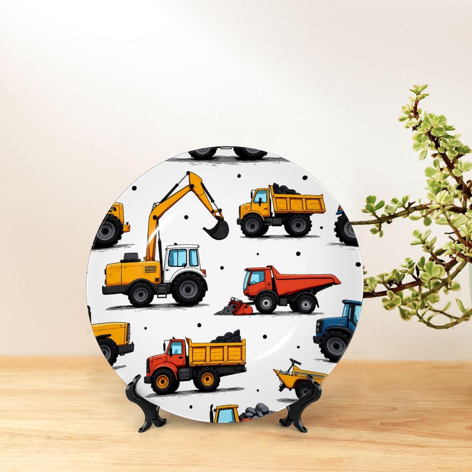 Construction Vehicle Pattern Style Ceramic Plate Display Decorative Plate With Stand Wall Hanging Plate For Home Decor 10 Inch