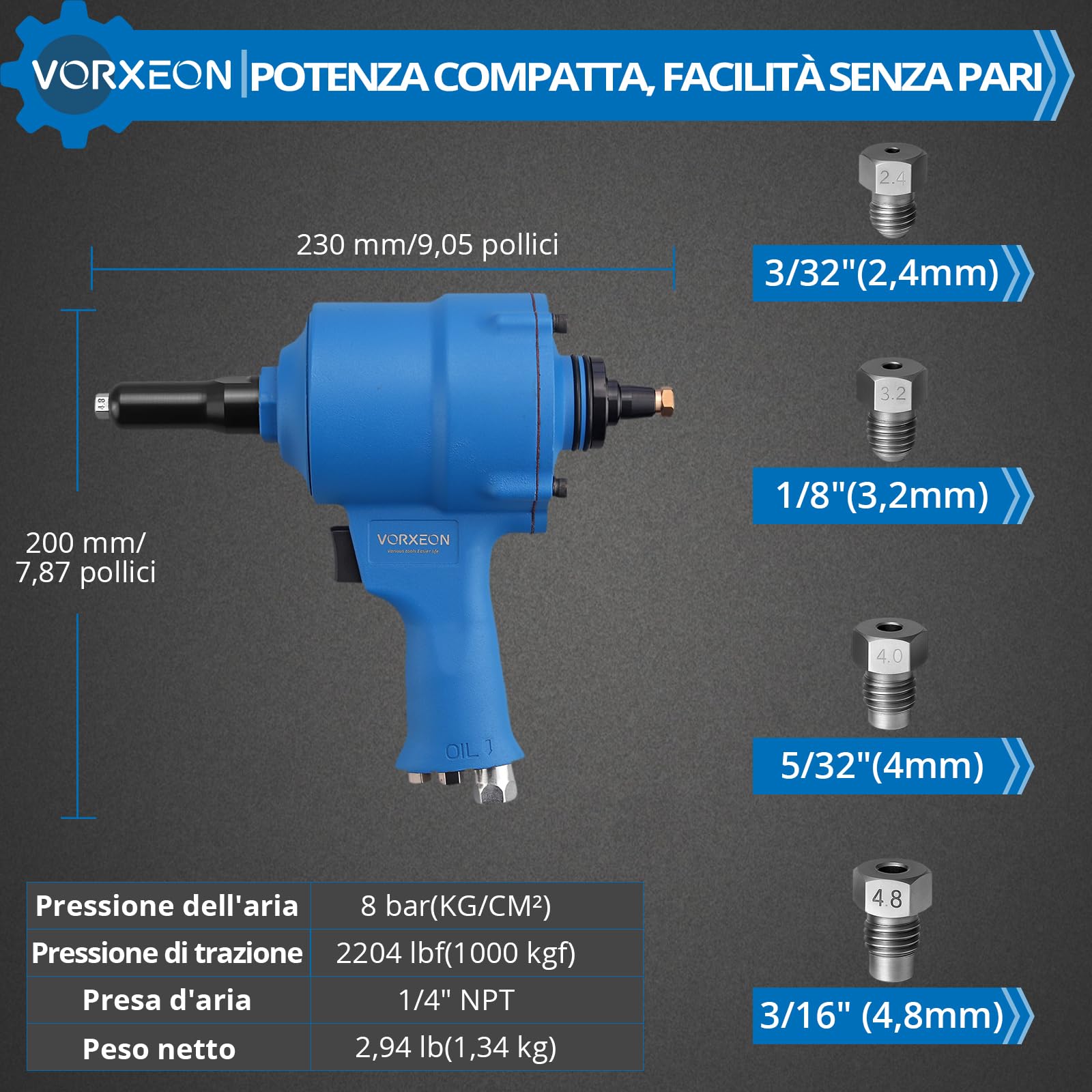 Set Rivettatrice Pneumatica Autoaspiranti, Forza di Trazione 1000KGF Con 4 Bocchette (2,4 mm, 3,2 mm, 4,0 mm, 4,8 mm) Pistola Rivettatrice ad Aria Compressa per Uso Domestico