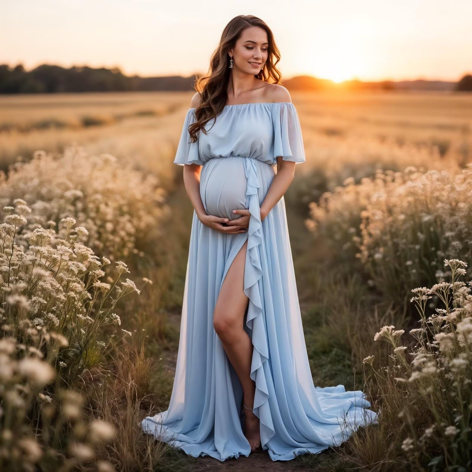 Schwangerschaftskleid Fotoshooting Umstandskleider Chiffon Lang Schlitz Babybauch Kleid