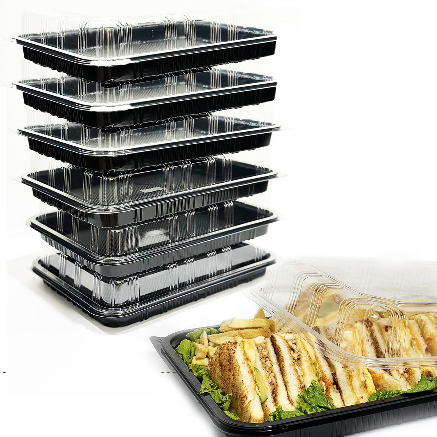 TRAYA Pack of 6 Reusable Sandwich Platter Trays with lids, Reusable Plastic Catering Trays with Lids for Meal Prep Cakes