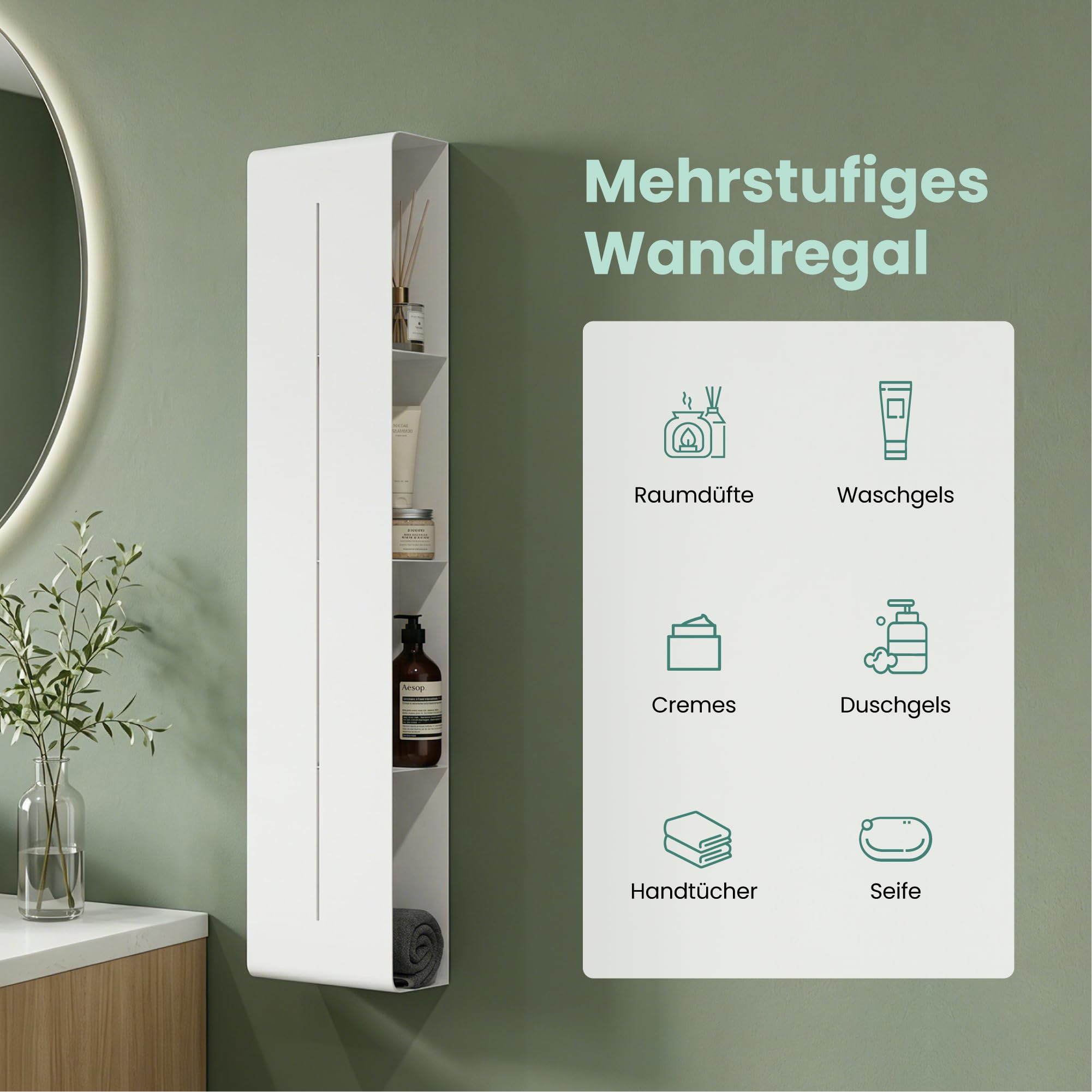 Mai & Mai Duschregal mit 4 Ablagen, Duschablage schmal Regal Weiß | Wandregal zum Bohren, Badezimmer Organizer und Shampoo Halterung für Dusche Bad, 20x90x9cm Reglo-16