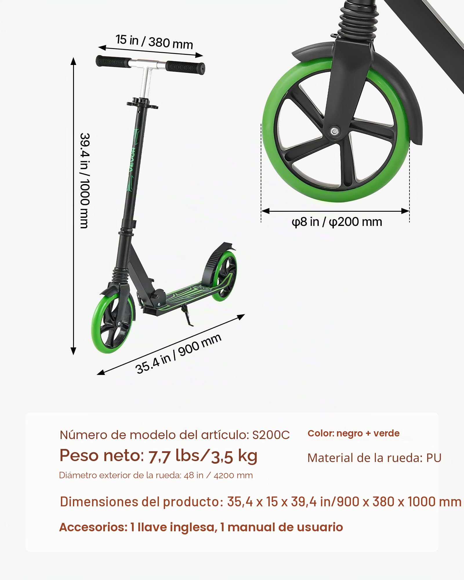 VEVOR Patinete para Niños a Partir de 8 Años, 2 Ruedas, con Manillar Regulable en Altura y Base Antideslizante, Marco de Aleación de Aluminio, hasta 100 kg, Negro y Verde, 900 x 380 x 1000 mm