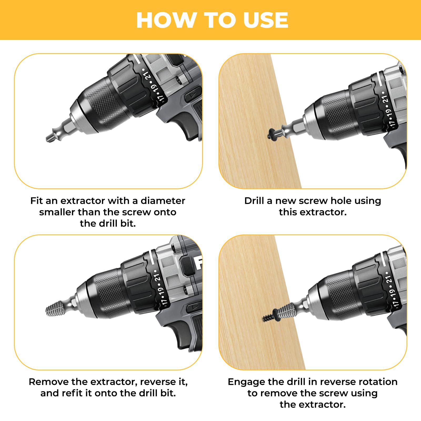 11PCS Screw Extractor & Bolt Extractor Set, HSS 6542 (63-65HRC) with 3 Twist Drill Bits, Double Ended Bits - Image 4