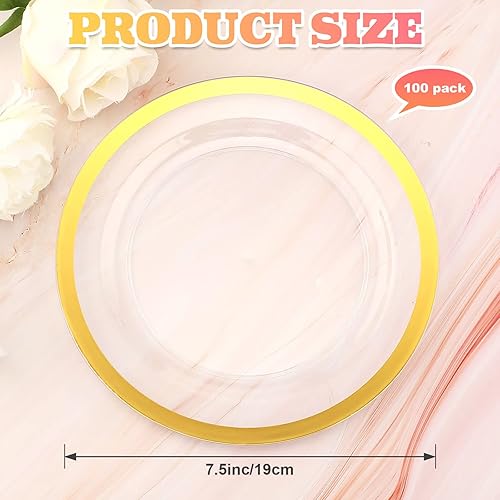 Miniatura 2 de Tanlade 100 platos de plástico de Navidad de oro transparente a granel de 7.5 pulgadas, desechables de alta resistencia, con borde rojo, ensalada,