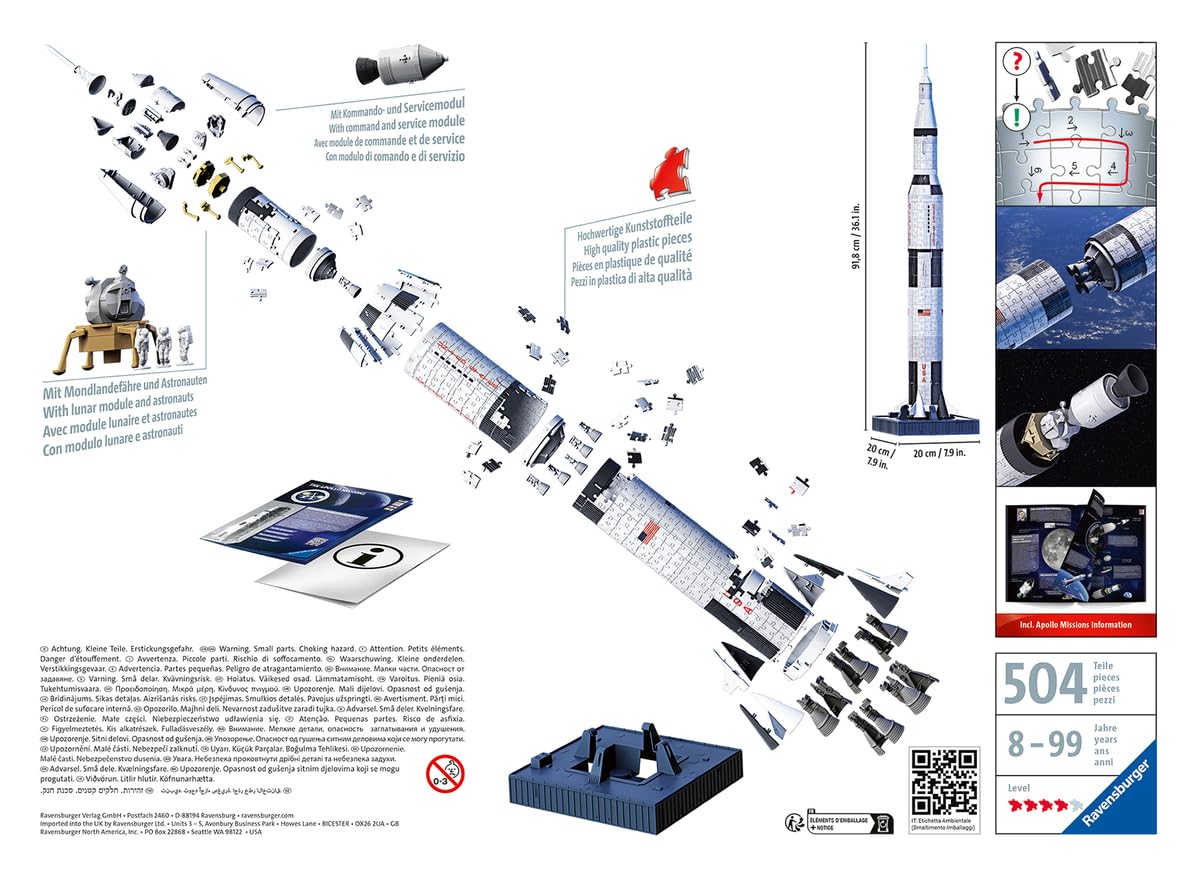Ravensburger - Puzzle 3D Adultos NASA: Apollo Saturn V | Puzzles 3D para Adultos | Maquetas para Montar De 504 Piezas