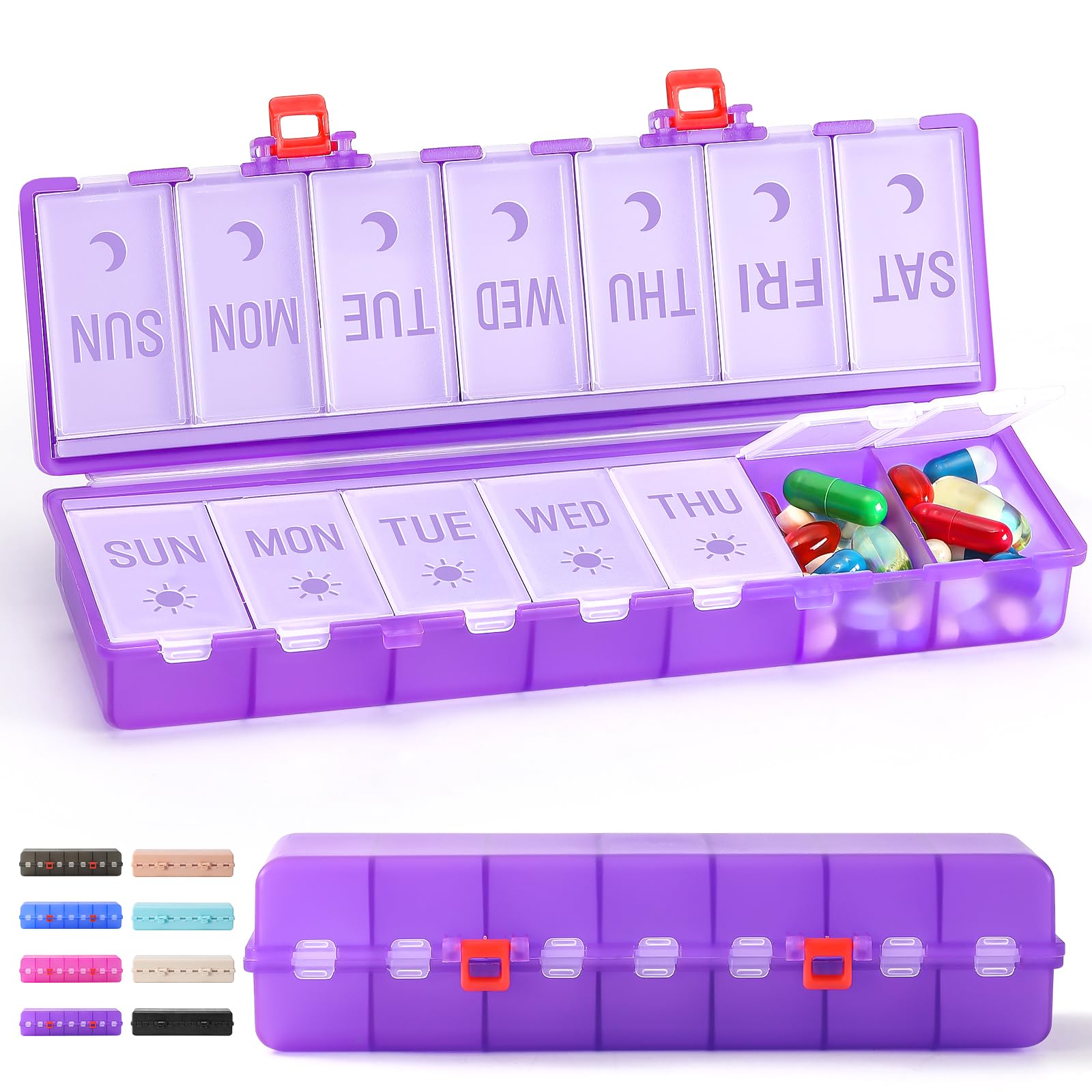 [Foldable & Dual Protection] Weekly Pill Organizer 2 Times A Day w/Etched Labels, AM PM 7 Day Medicine Container Box, Large Portable Week Travel Pill Case for Daily Medication, Vitamin -Clear Purple