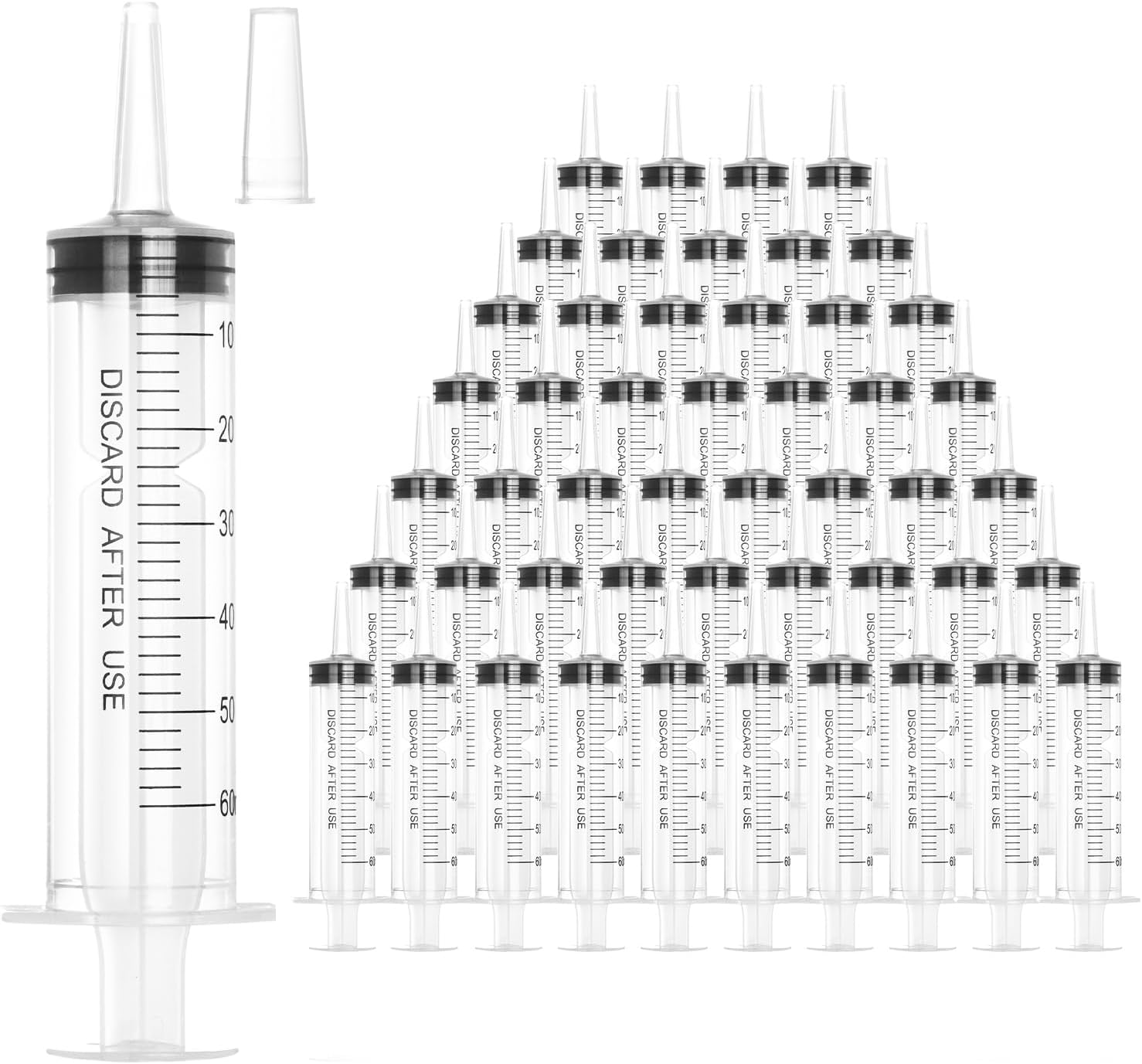 60ml Plastic Syringe with Cap, Large Syringes without Needle for Liquid, Scientific Labs, Measurement, Pet Feeding ,Ink Refilling ,Oil or Glue Applicator, Individually Wrapped (50 Pack)