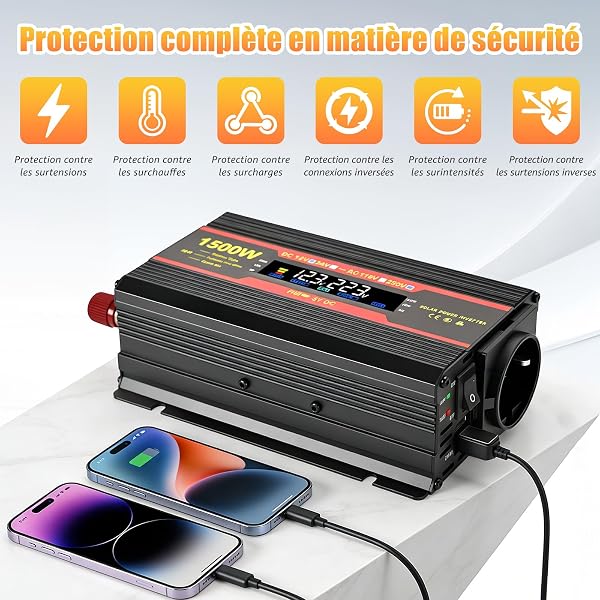 1500W Onduleur 12V 220V Transformateur, Allume Cigare Convertisseur Pur Sinus, 2X USB, 1X Prise Secteur Et Port Convertisseur pour Voitures, VéHicules, Caravanes, Camions, Camping Car, Voyage, Camions - 3